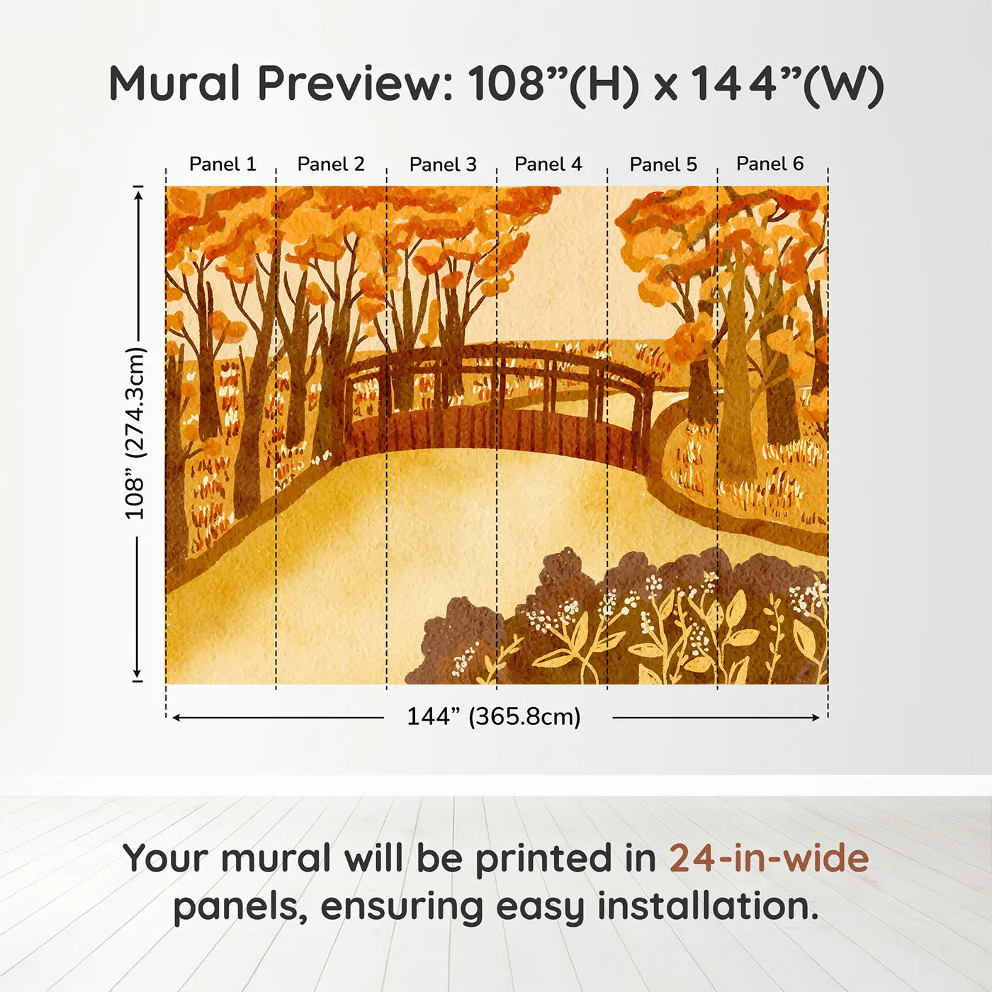 Whimsy Tots Autumn Bridge Watercolor Wall Muraldimension view (108" H x 144" W). Printed in six 24-inch-wide panels. Gender-Neutral