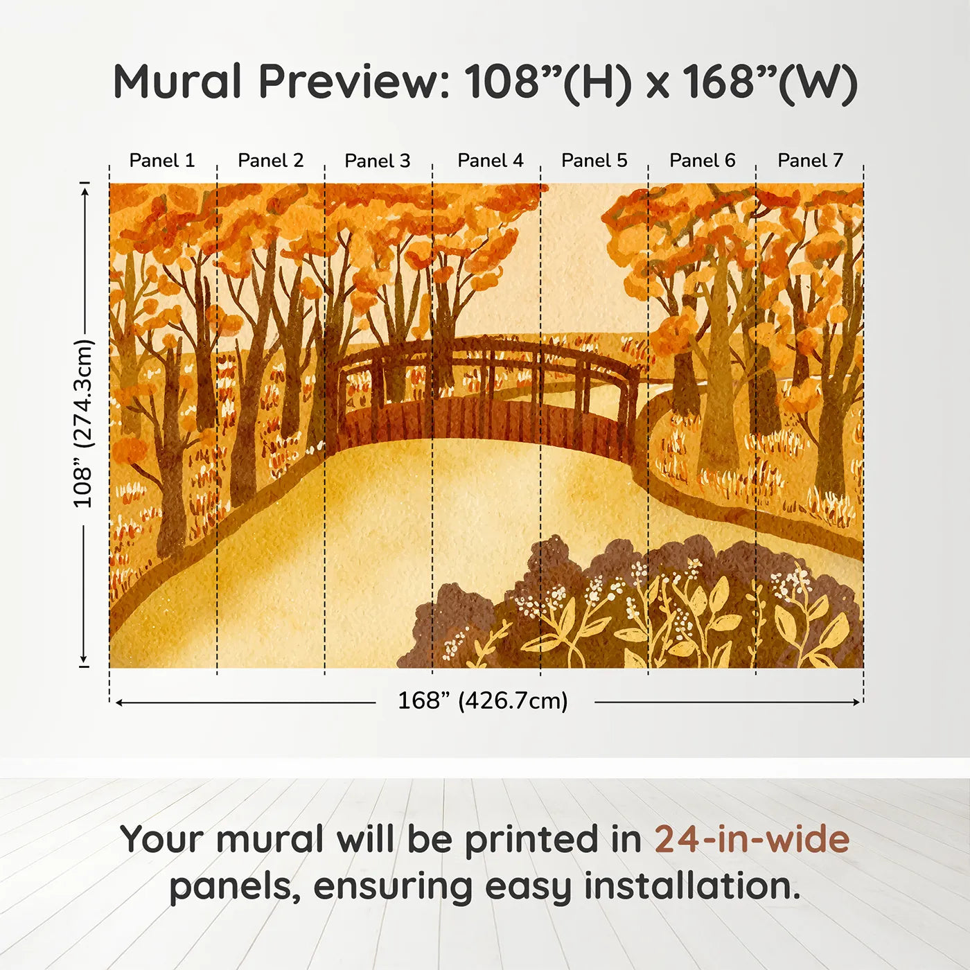 Whimsy Tots Autumn Bridge Watercolor Wall Muraldimension view (108" H x 168" W). Printed in seven 24-inch-wide panels. Gender-Neutral