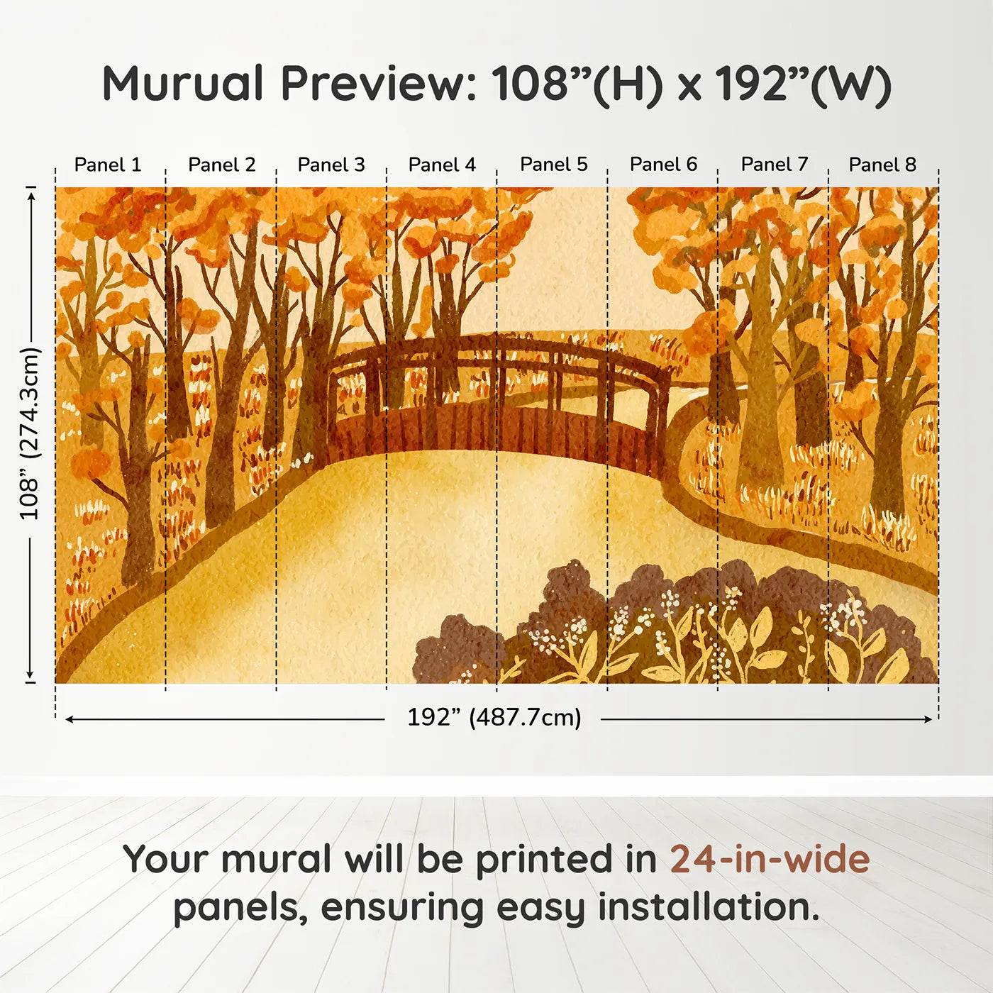 Whimsy Tots Autumn Bridge Watercolor Wall Muraldimension view (108" H x 192" W). Printed in eight 24-inch-wide panels. Gender-Neutral