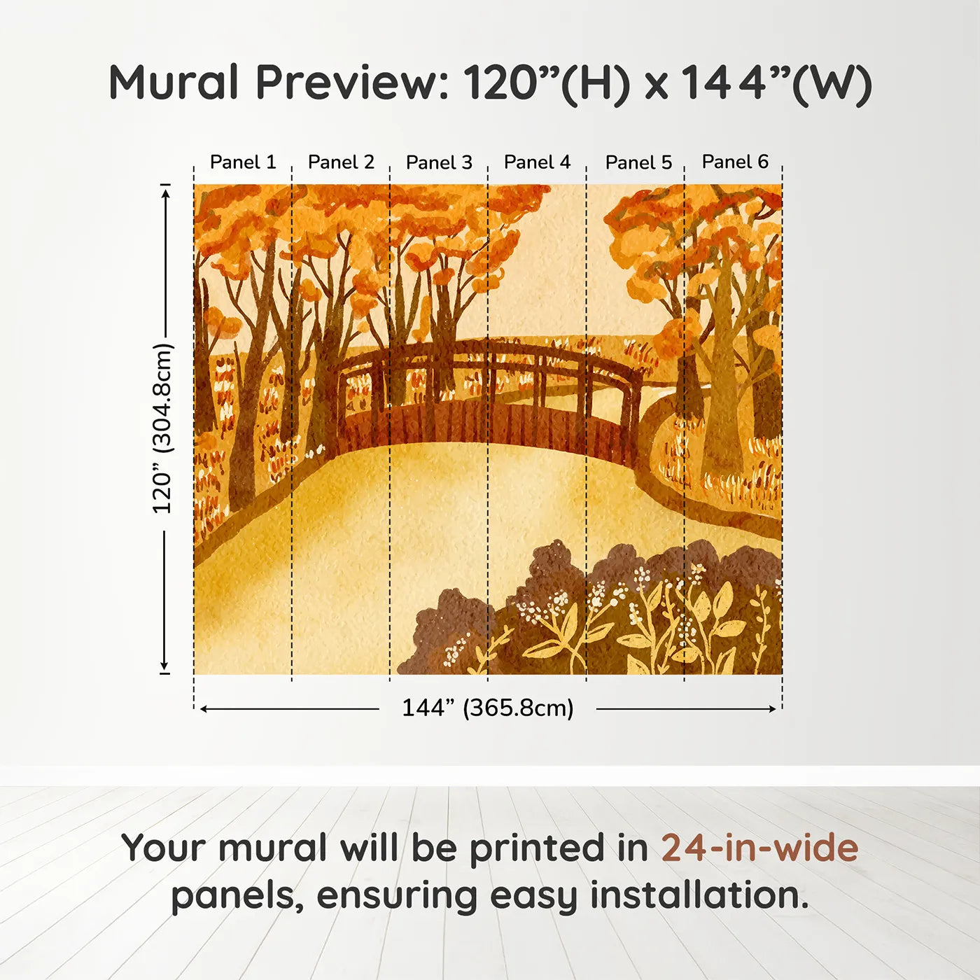 Whimsy Tots Autumn Bridge Watercolor Wall Muraldimension view (120" H x 144" W). Printed in six 24-inch-wide panels. Gender-Neutral