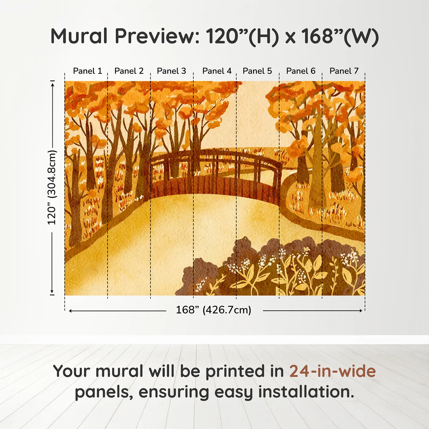 Whimsy Tots Autumn Bridge Watercolor Wall Muraldimension view (120" H x 168" W). Printed in seven 24-inch-wide panels. Gender-Neutral