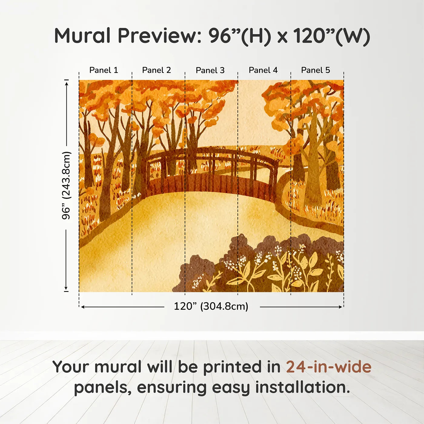Whimsy Tots Autumn Bridge Watercolor Wall Muraldimension view (96" H x 120" W). Printed in five 24-inch-wide panels. Gender-Neutral