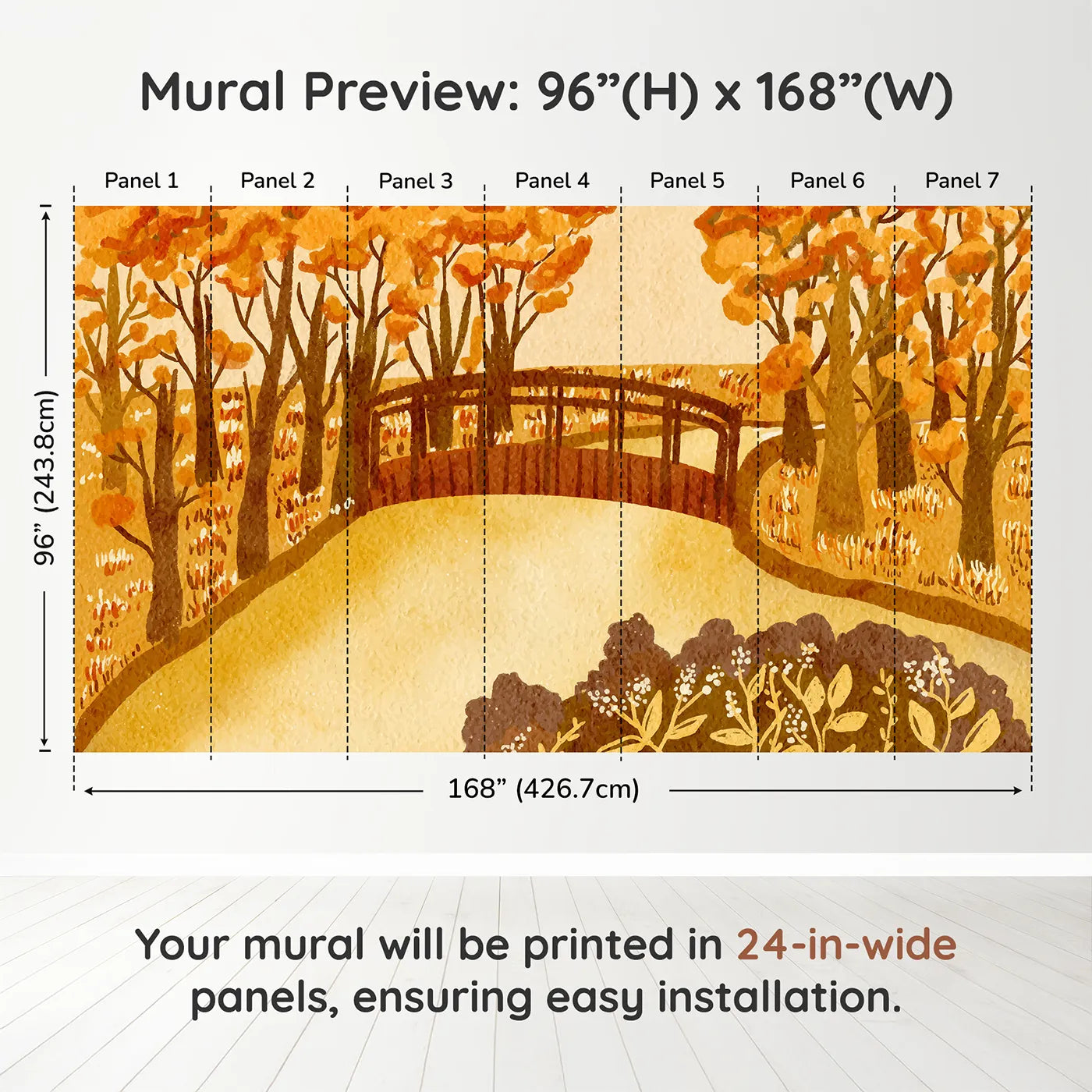 Whimsy Tots Autumn Bridge Watercolor Wall Muraldimension view (96" H x 168" W). Printed in seven 24-inch-wide panels. Gender-Neutral