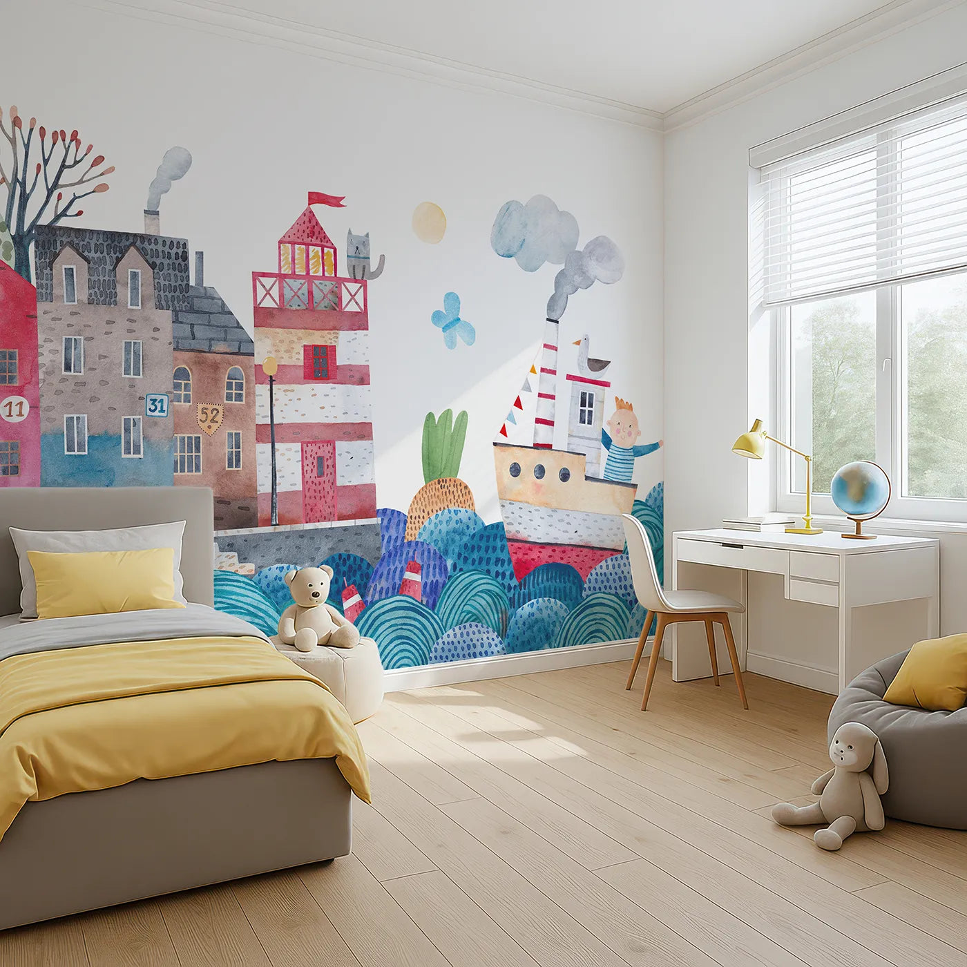 Angled view of Whimsy Tots' Watercolor Harbor Adventure Wall Mural (Turn Their Room into a Whimsical Day at the Harbor).Gender-Neutral