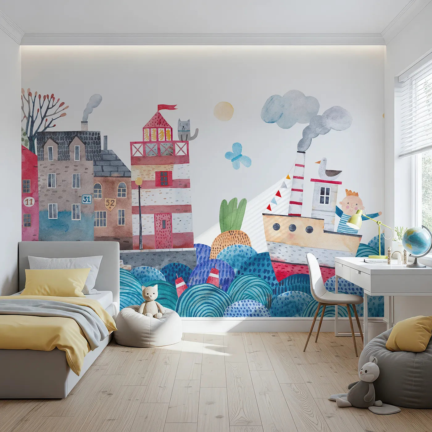 Front view of Whimsy Tots' Watercolor Harbor Adventure Wall Mural
