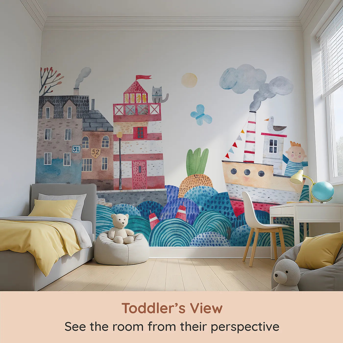 Whimsy Tots Watercolor Harbor Adventure Wall Mural (Turn Their Room into a Whimsical Day at the Harbor) from your child's view.Gender-Neutral