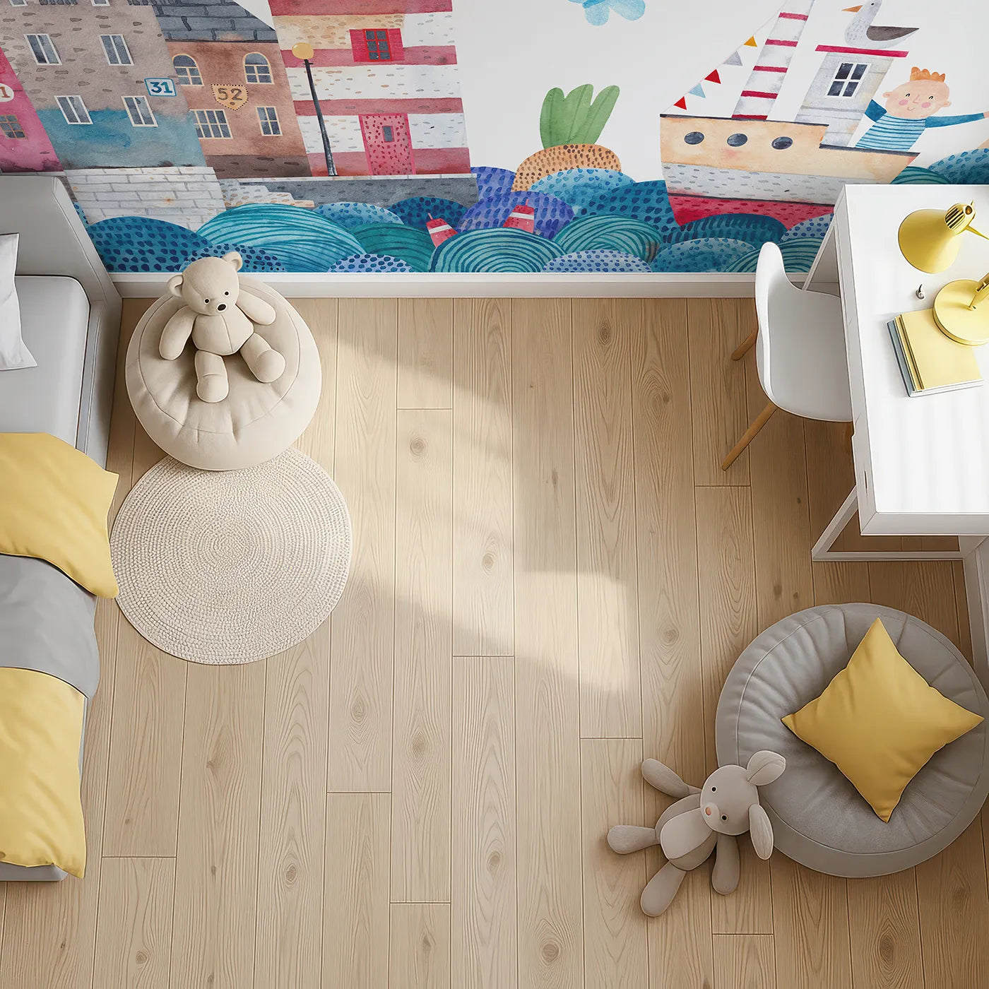 Top-down view of Whimsy Tots' Watercolor Harbor Adventure Wall Mural (Turn Their Room into a Whimsical Day at the Harbor).Gender-Neutral
