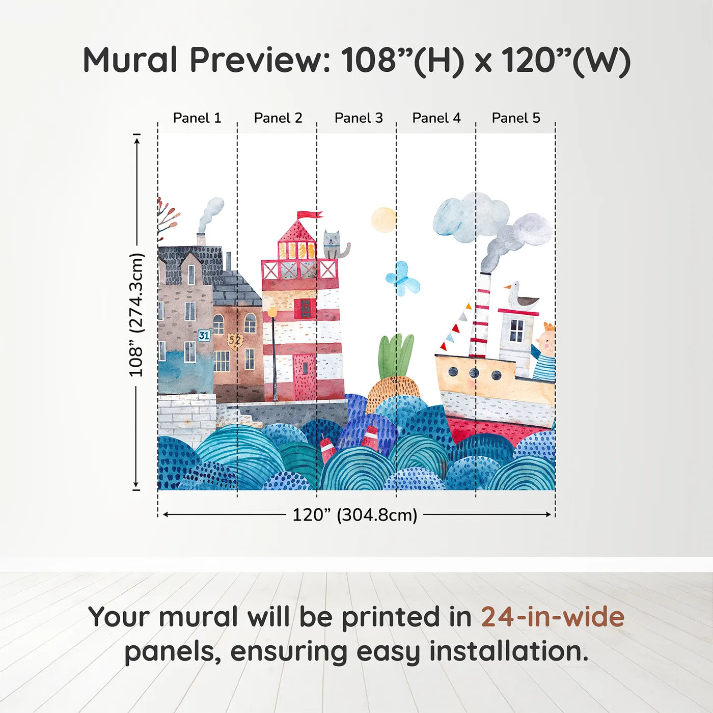 Whimsy Tots Watercolor Harbor Adventure Wall Muraldimension view (108" H x 120" W). Printed in five 24-inch-wide panels. Gender-Neutral