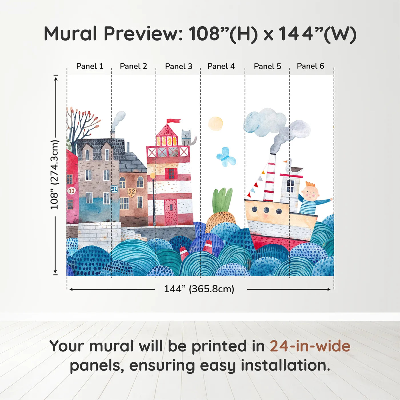 Whimsy Tots Watercolor Harbor Adventure Wall Muraldimension view (108" H x 144" W). Printed in six 24-inch-wide panels. Gender-Neutral