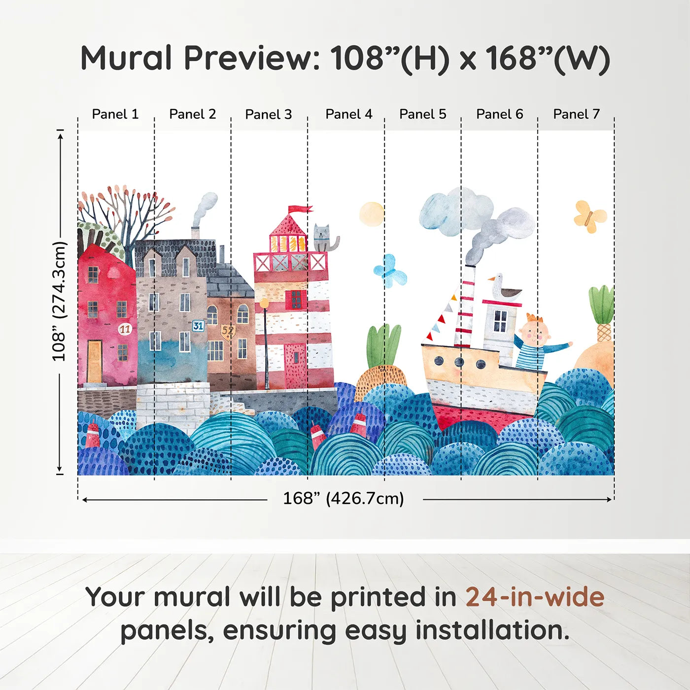 Whimsy Tots Watercolor Harbor Adventure Wall Muraldimension view (108" H x 168" W). Printed in seven 24-inch-wide panels. Gender-Neutral