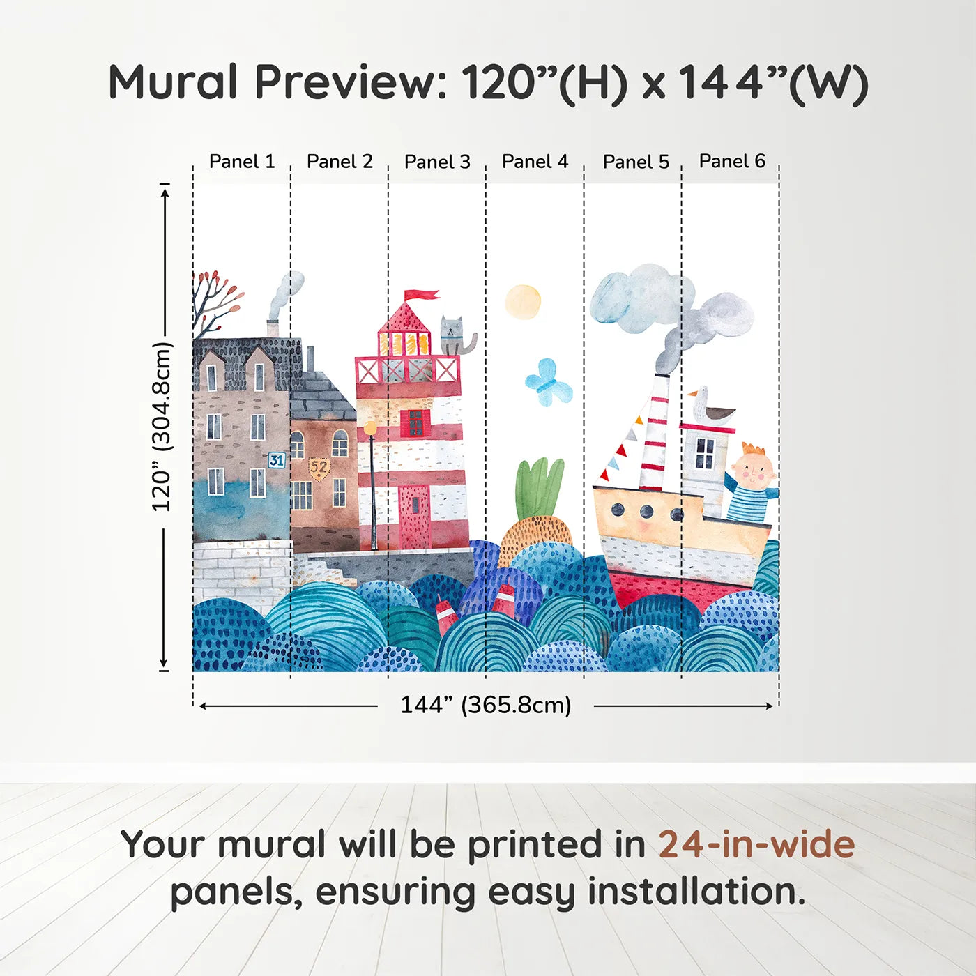 Whimsy Tots Watercolor Harbor Adventure Wall Muraldimension view (120" H x 144" W). Printed in six 24-inch-wide panels. Gender-Neutral