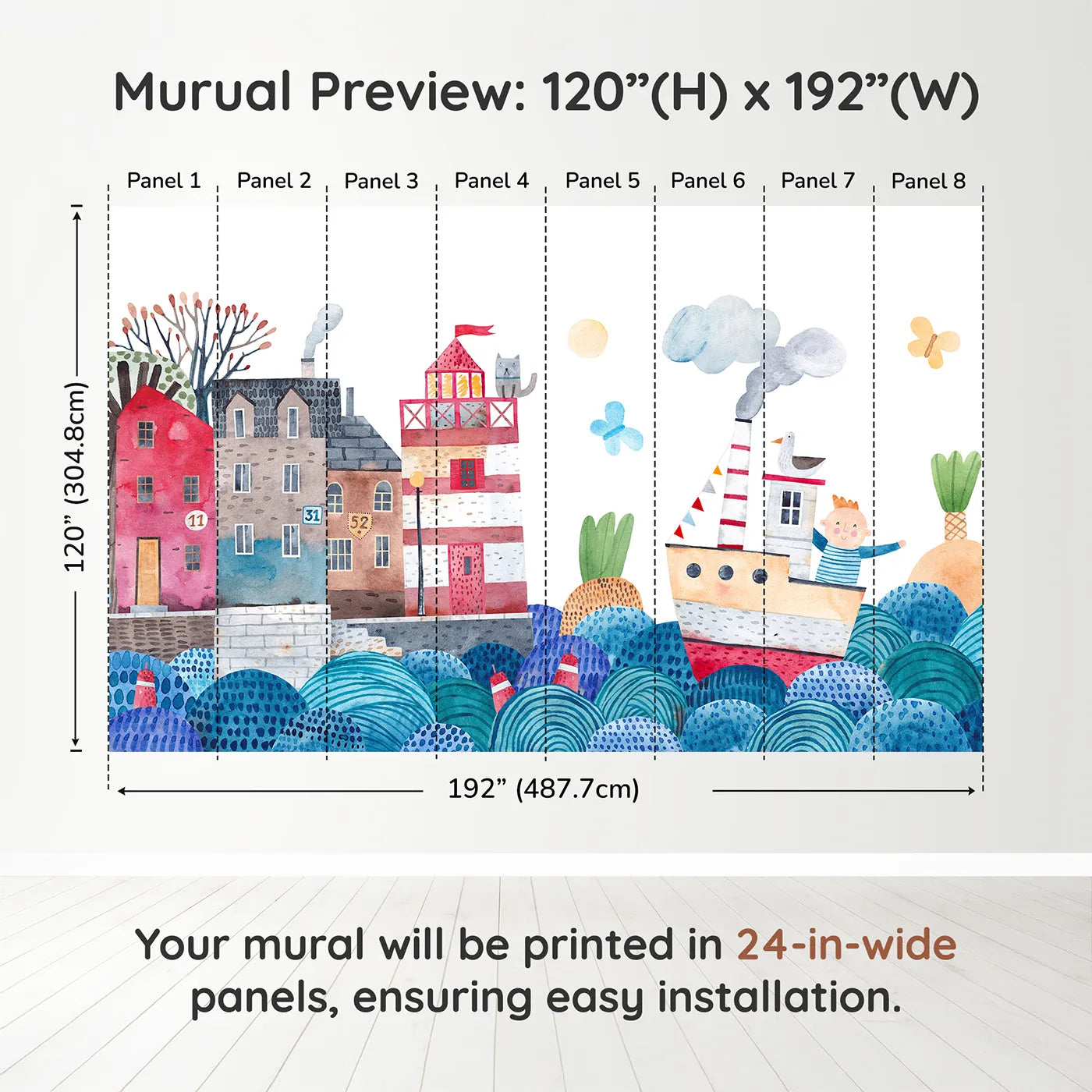 Whimsy Tots Watercolor Harbor Adventure Wall Muraldimension view (120" H x 192" W). Printed in eight 24-inch-wide panels. Gender-Neutral