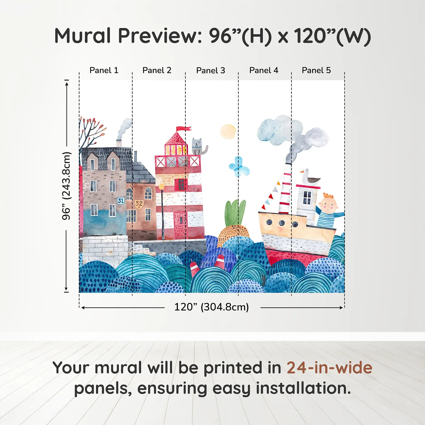 Whimsy Tots Watercolor Harbor Adventure Wall Muraldimension view (96" H x 120" W). Printed in five 24-inch-wide panels. Gender-Neutral