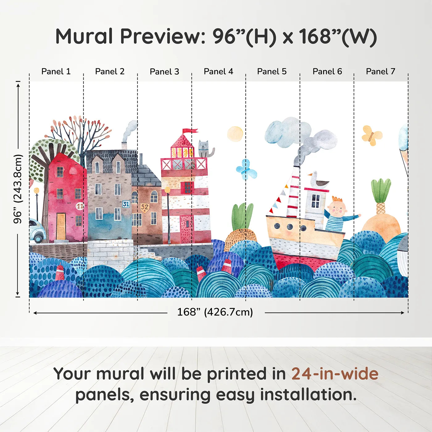 Whimsy Tots Watercolor Harbor Adventure Wall Muraldimension view (96" H x 168" W). Printed in seven 24-inch-wide panels. Gender-Neutral