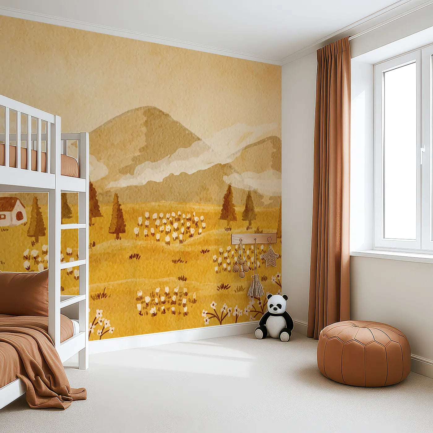Angled view of Whimsy Tots' Golden Valley Farm Wall Mural (Turn Their Room into a Peaceful, Painted Farmstead).Gender-Neutral