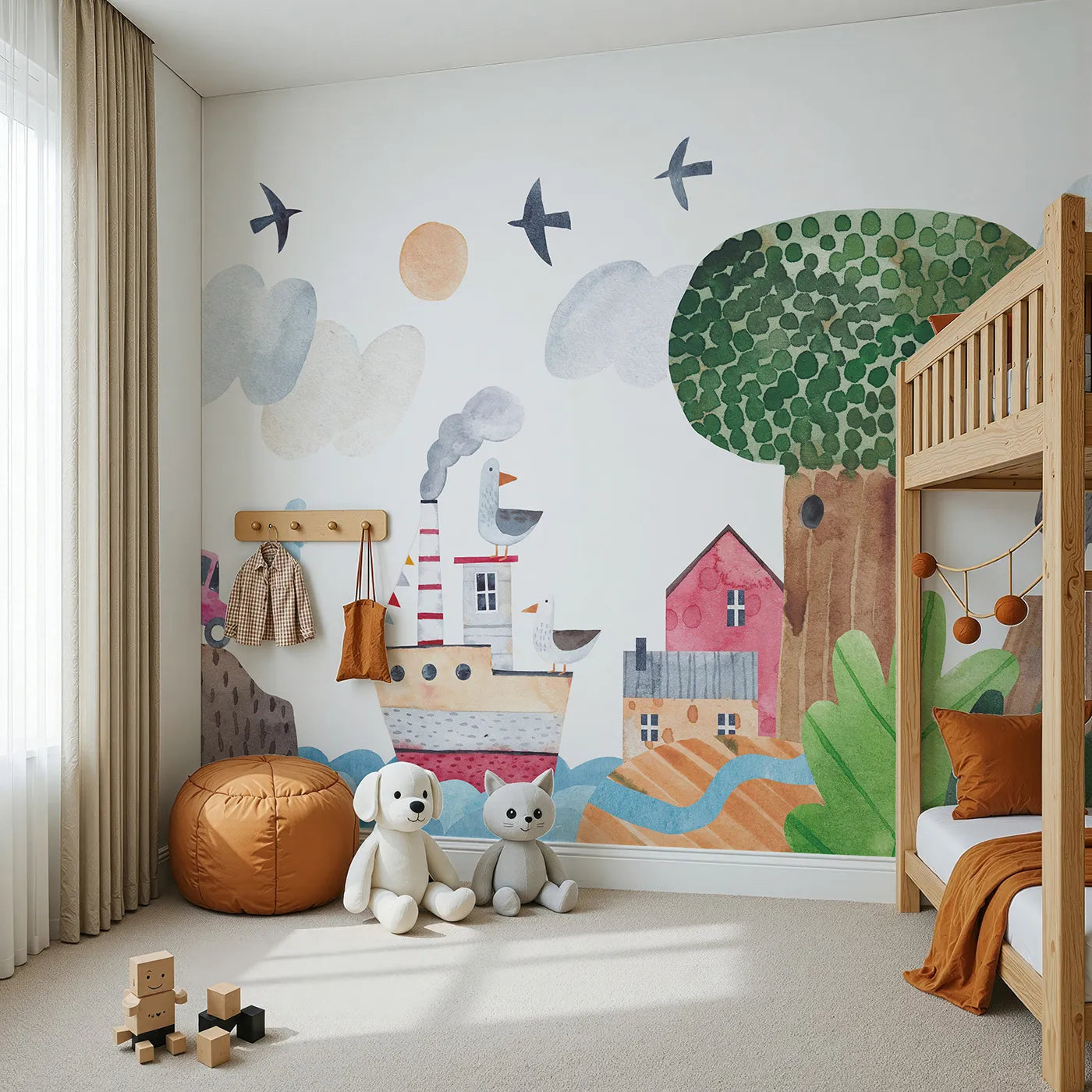 Angled view of Whimsy Tots' Whimsical Waterfront Adventure Wall Mural (Turn Their Room into a Quirky Trip to the Shore).Gender-Neutral