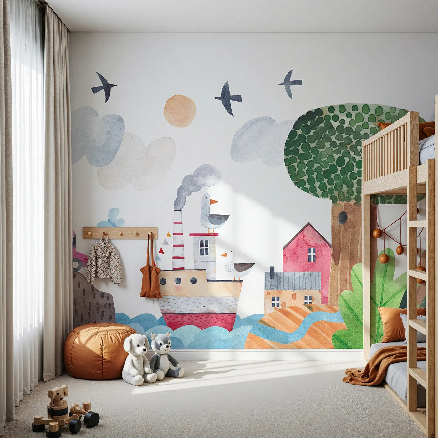 Front view of Whimsy Tots' Whimsical Waterfront Adventure Wall Mural
