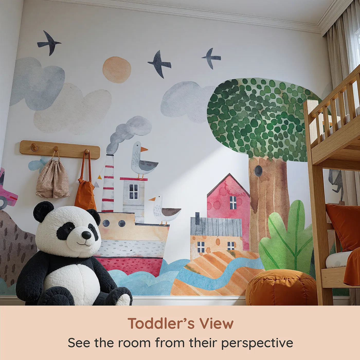 Whimsy Tots Whimsical Waterfront Adventure Wall Mural (Turn Their Room into a Quirky Trip to the Shore) from your child's view.Gender-Neutral