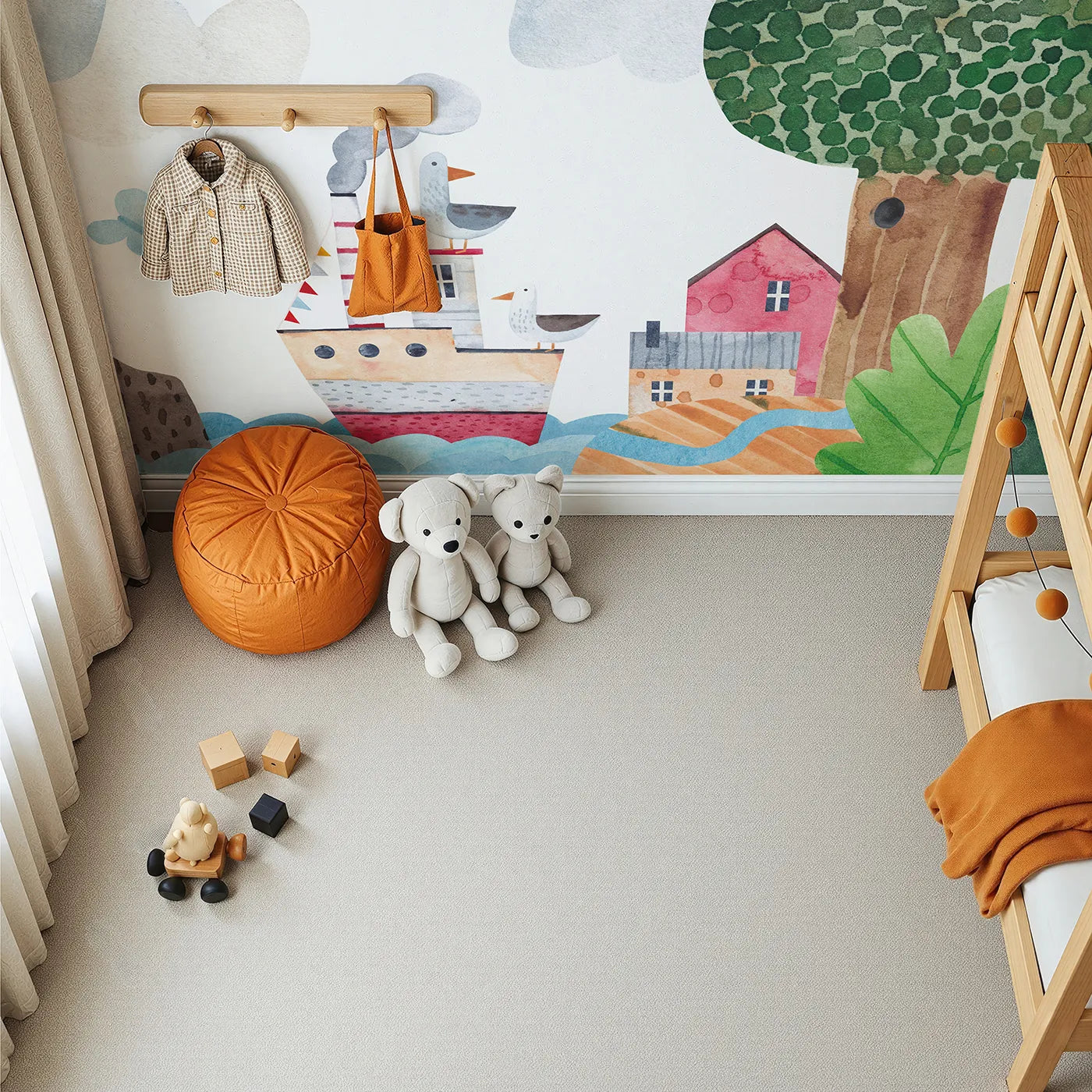 Top-down view of Whimsy Tots' Whimsical Waterfront Adventure Wall Mural (Turn Their Room into a Quirky Trip to the Shore).Gender-Neutral
