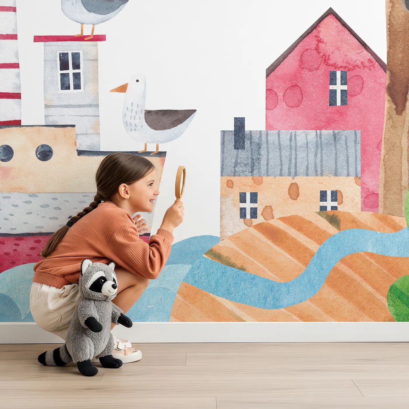 Child in front of Whimsy Tots Whimsical Waterfront Adventure Wall Mural with watercolor, landscape, boat, car, wolf, whimsical, sea, adventure in design.