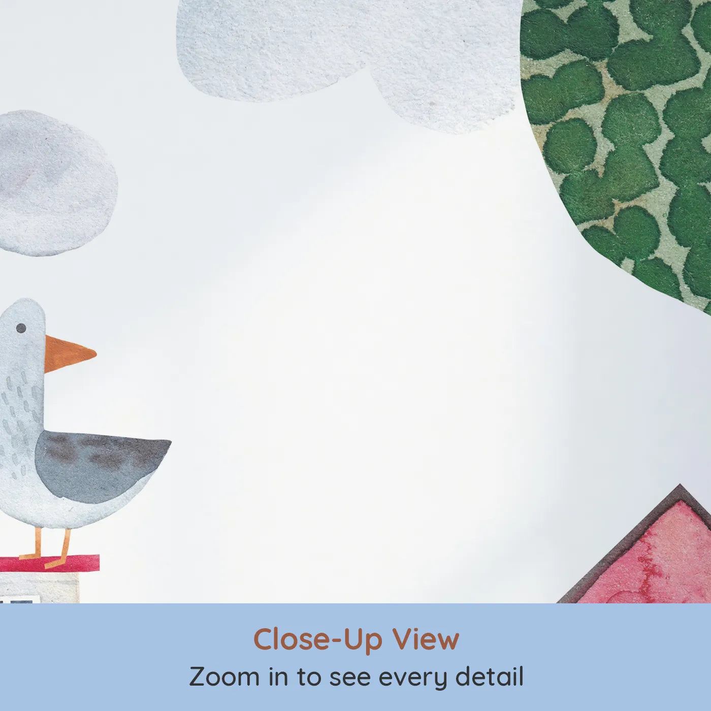 Close-up view of Whimsy Tots' Whimsical Waterfront Adventure Wall Mural (Turn Their Room into a Quirky Trip to the Shore).Gender-Neutral