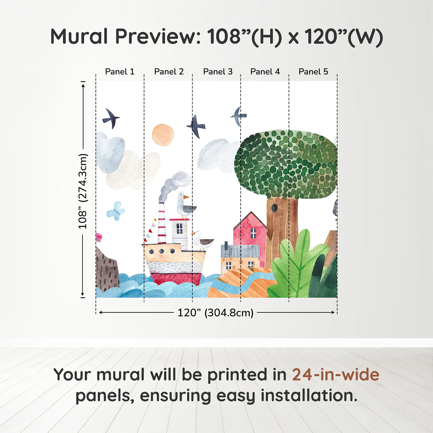 Whimsy Tots Whimsical Waterfront Adventure Wall Muraldimension view (108" H x 120" W). Printed in five 24-inch-wide panels. Gender-Neutral