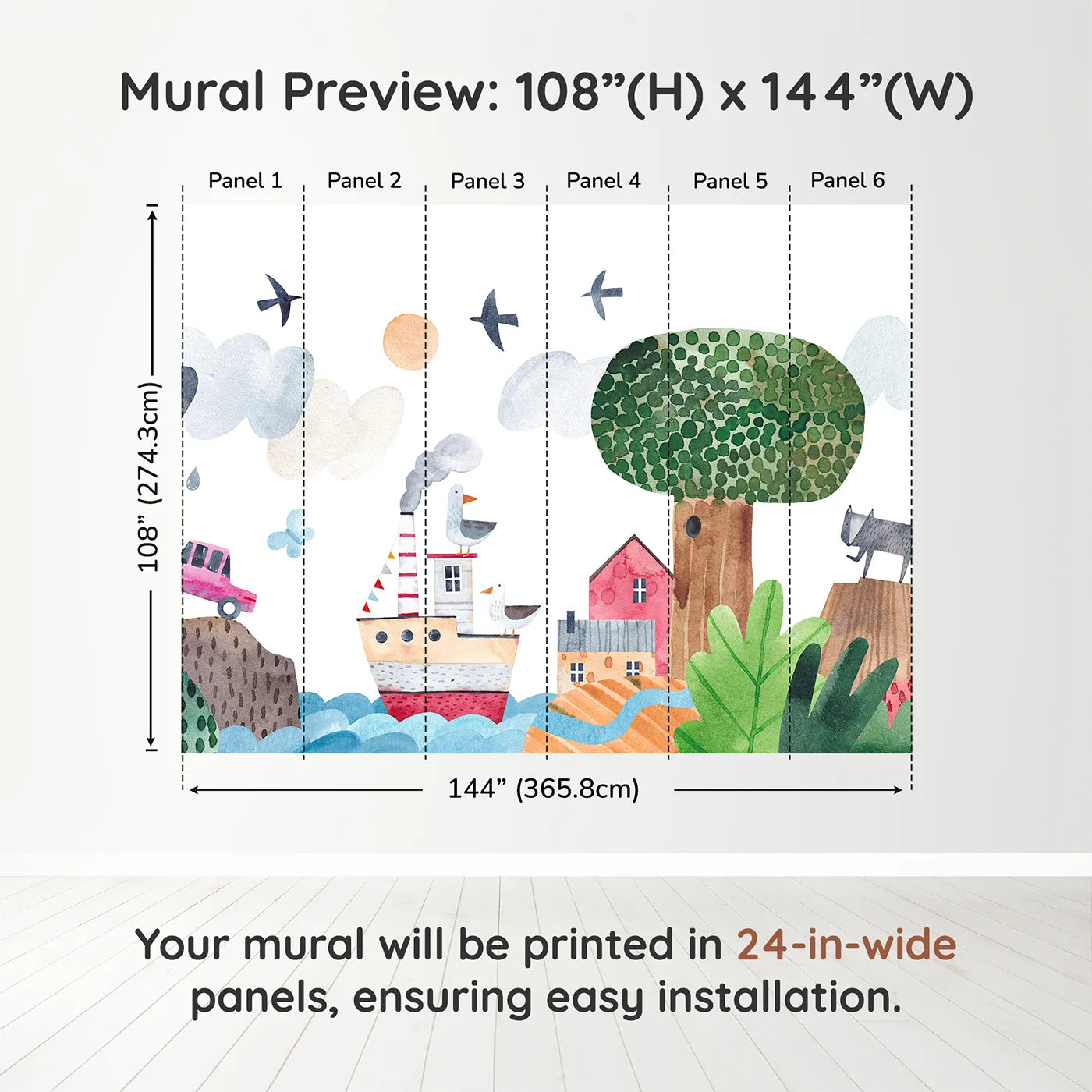 Whimsy Tots Whimsical Waterfront Adventure Wall Muraldimension view (108" H x 144" W). Printed in six 24-inch-wide panels. Gender-Neutral