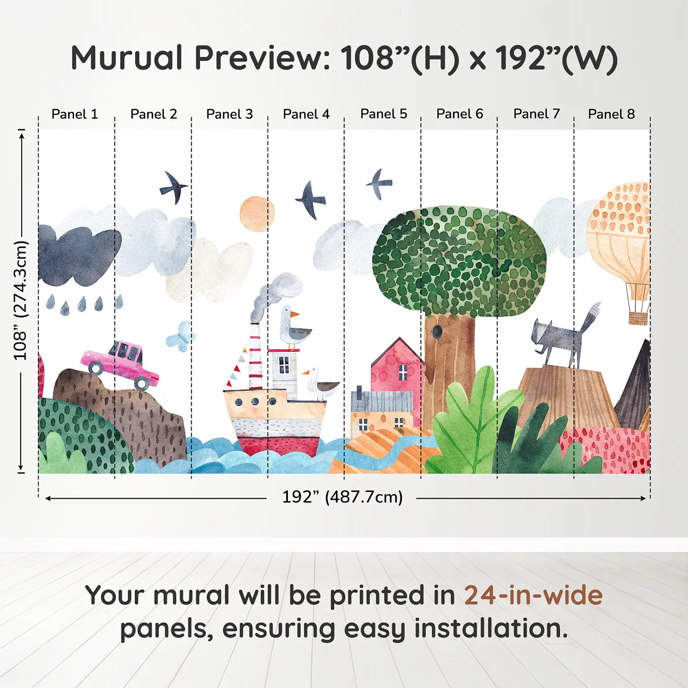 Whimsy Tots Whimsical Waterfront Adventure Wall Muraldimension view (108" H x 192" W). Printed in eight 24-inch-wide panels. Gender-Neutral