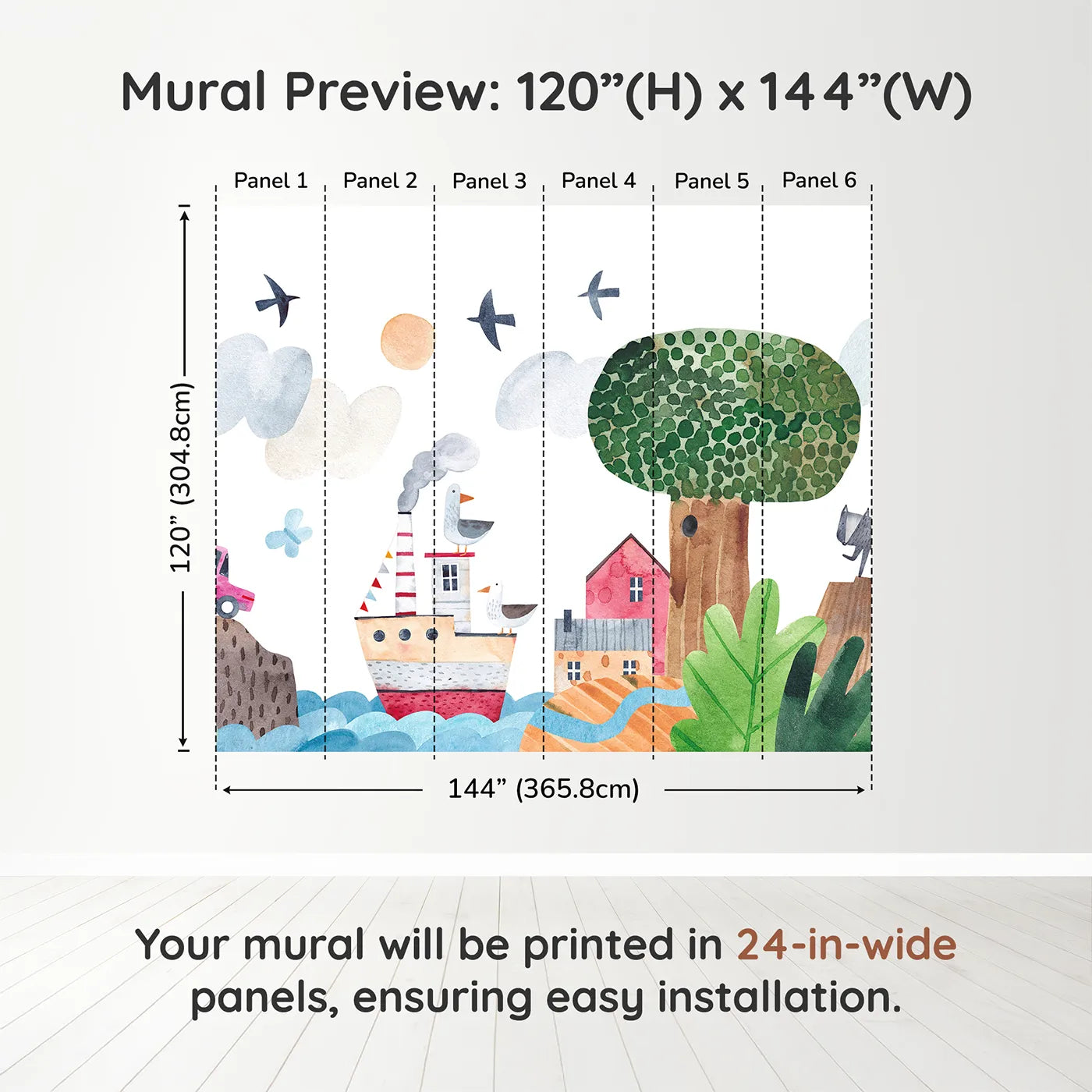 Whimsy Tots Whimsical Waterfront Adventure Wall Muraldimension view (120" H x 144" W). Printed in six 24-inch-wide panels. Gender-Neutral