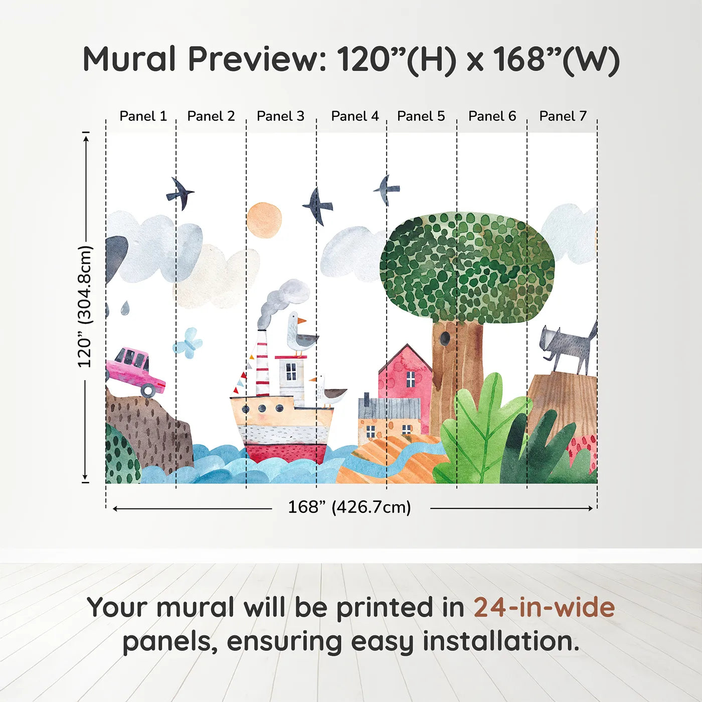 Whimsy Tots Whimsical Waterfront Adventure Wall Muraldimension view (120" H x 168" W). Printed in seven 24-inch-wide panels. Gender-Neutral