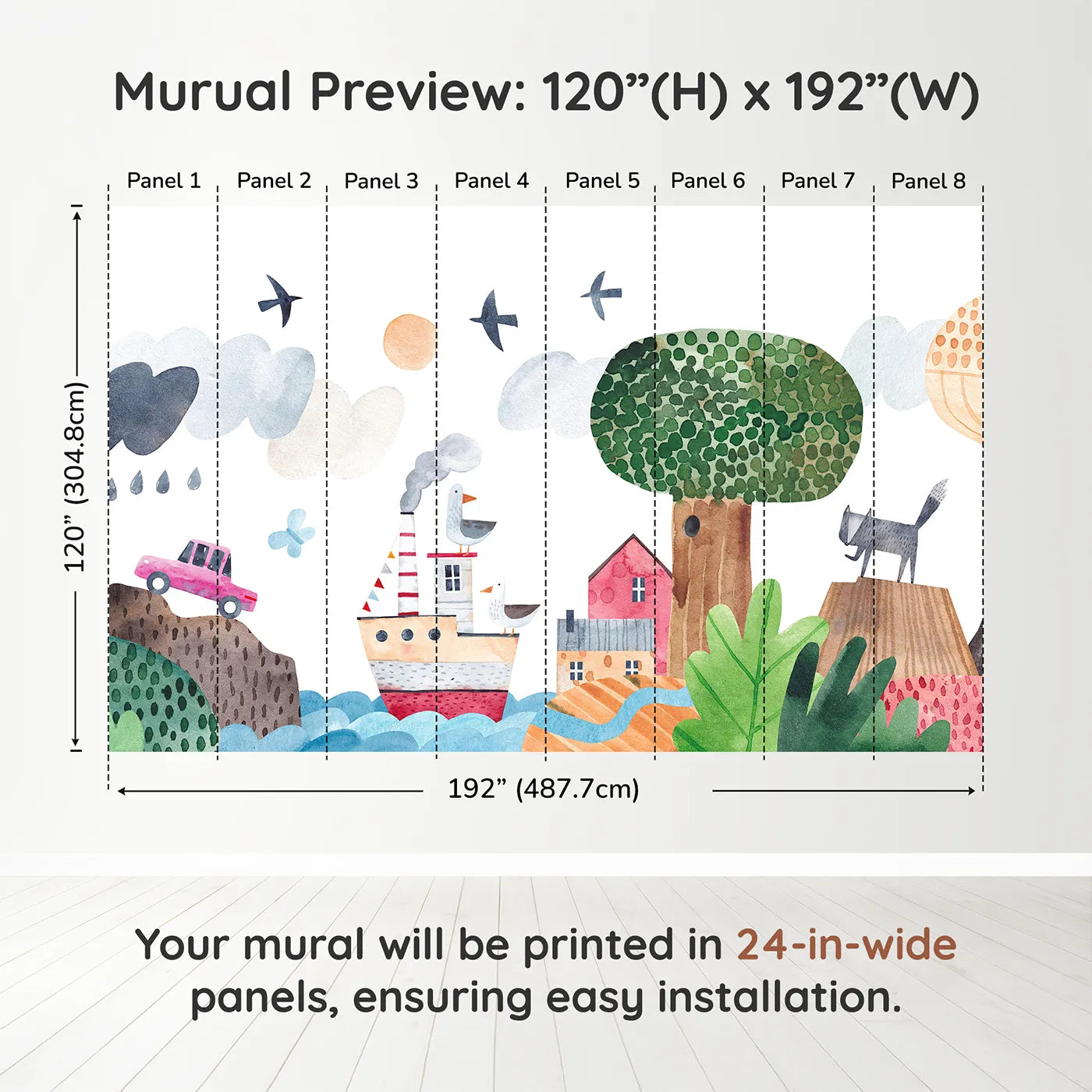 Whimsy Tots Whimsical Waterfront Adventure Wall Muraldimension view (120" H x 192" W). Printed in eight 24-inch-wide panels. Gender-Neutral