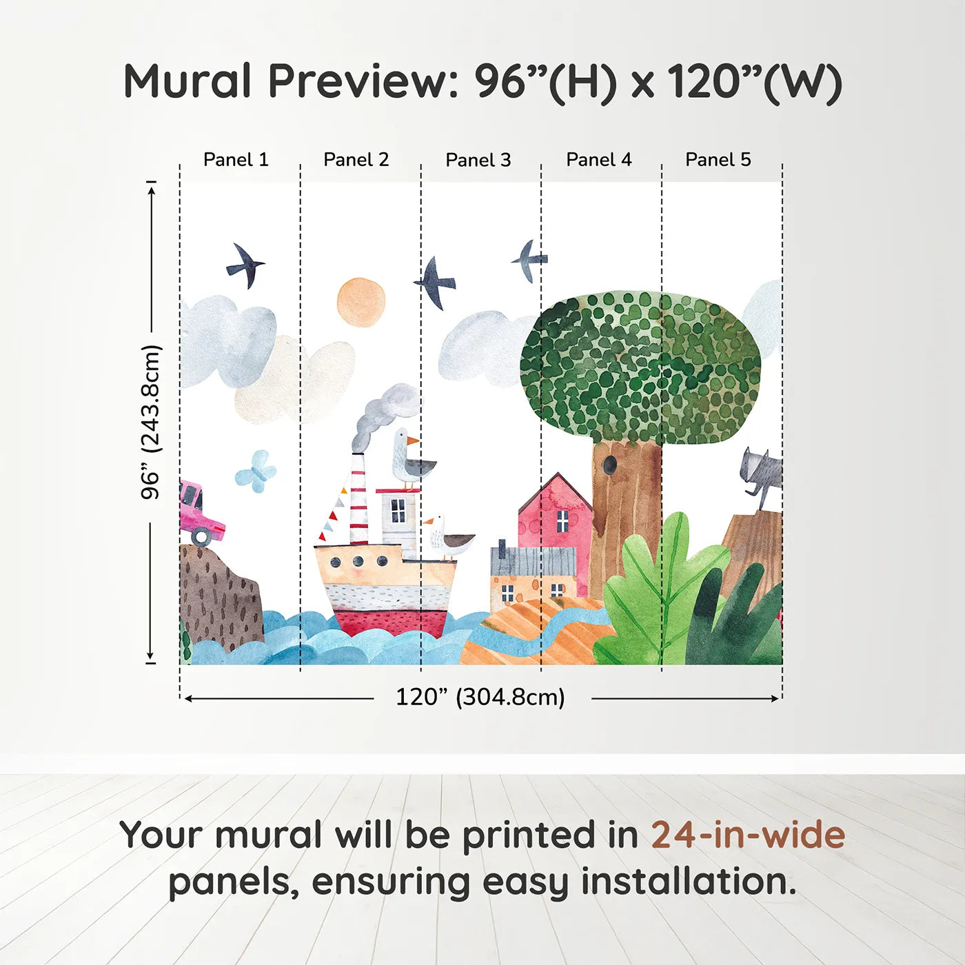 Whimsy Tots Whimsical Waterfront Adventure Wall Muraldimension view (96" H x 120" W). Printed in five 24-inch-wide panels. Gender-Neutral