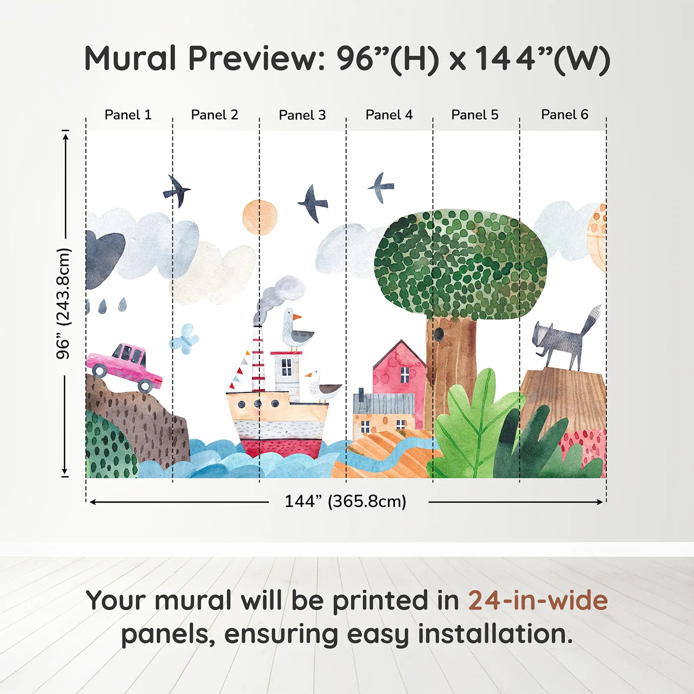 Whimsy Tots Whimsical Waterfront Adventure Wall Muraldimension view (96" H x 144" W). Printed in six 24-inch-wide panels. Gender-Neutral