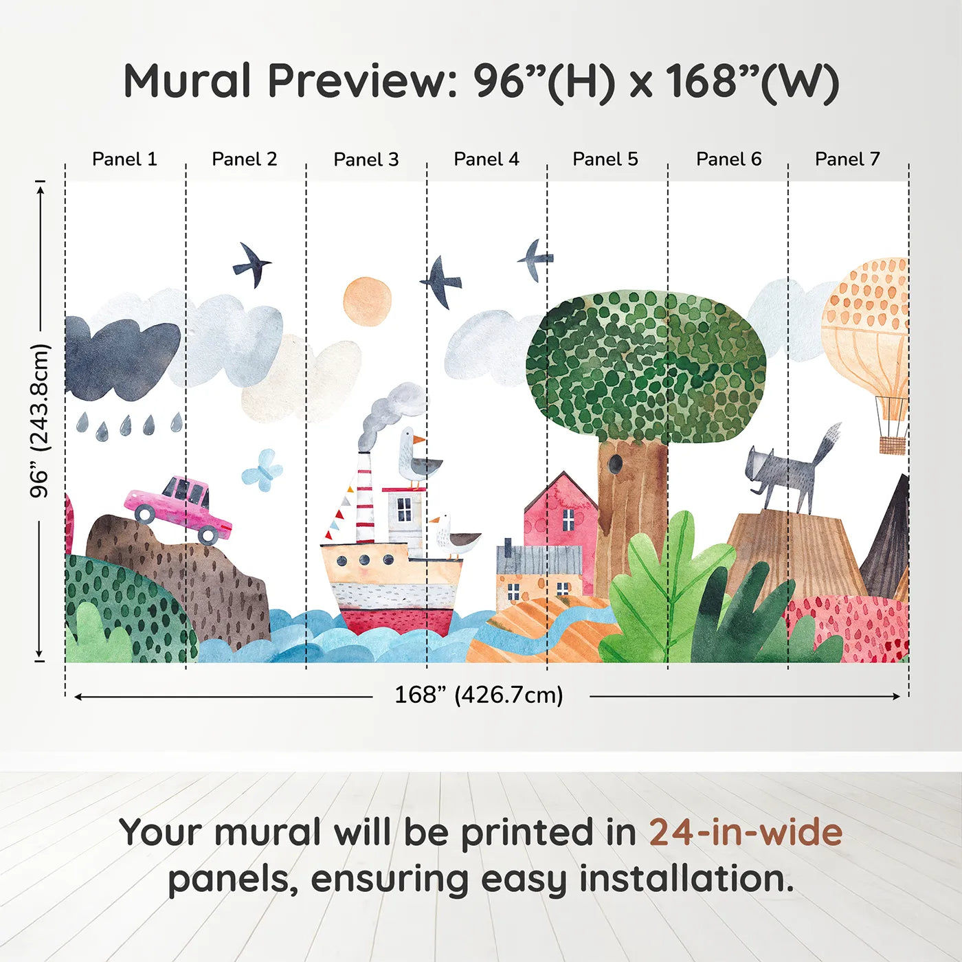Whimsy Tots Whimsical Waterfront Adventure Wall Muraldimension view (96" H x 168" W). Printed in seven 24-inch-wide panels. Gender-Neutral
