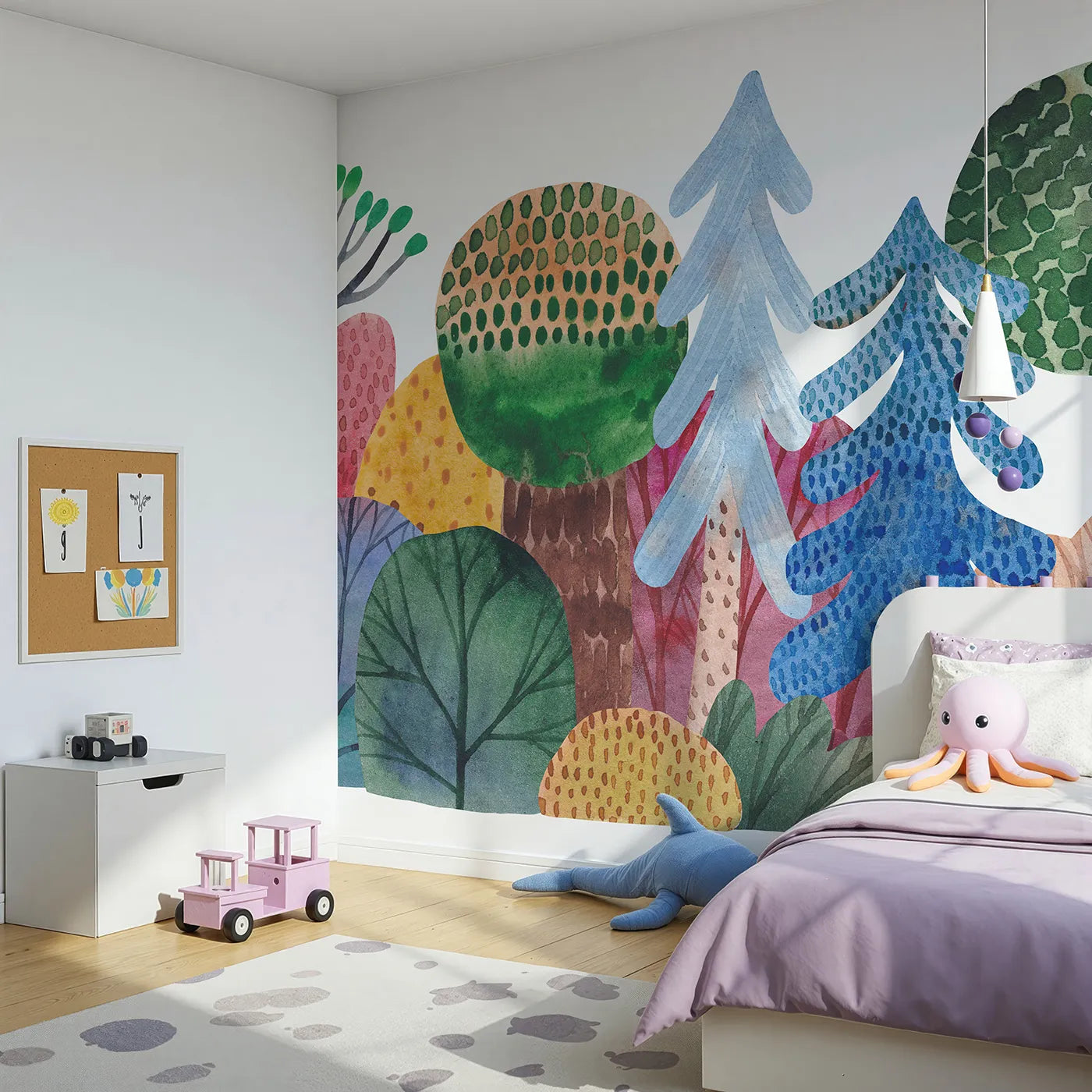 Angled view of Whimsy Tots' Abstract Watercolor Forest Wall Mural (Turn Their Room into a Colorful, Hand-Painted Woodland).Gender-Neutral