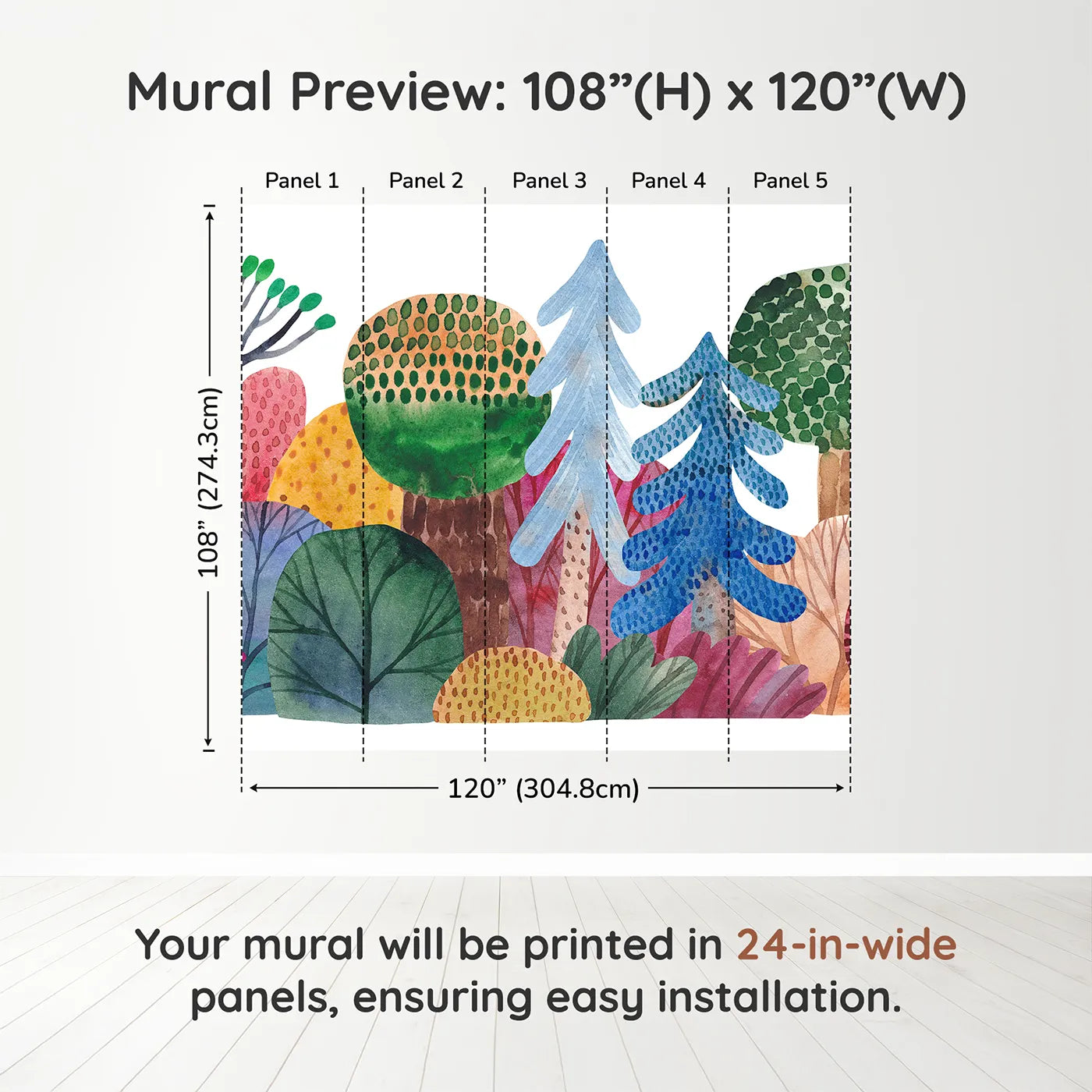 Whimsy Tots Abstract Watercolor Forest Wall Muraldimension view (108" H x 120" W). Printed in five 24-inch-wide panels. Gender-Neutral