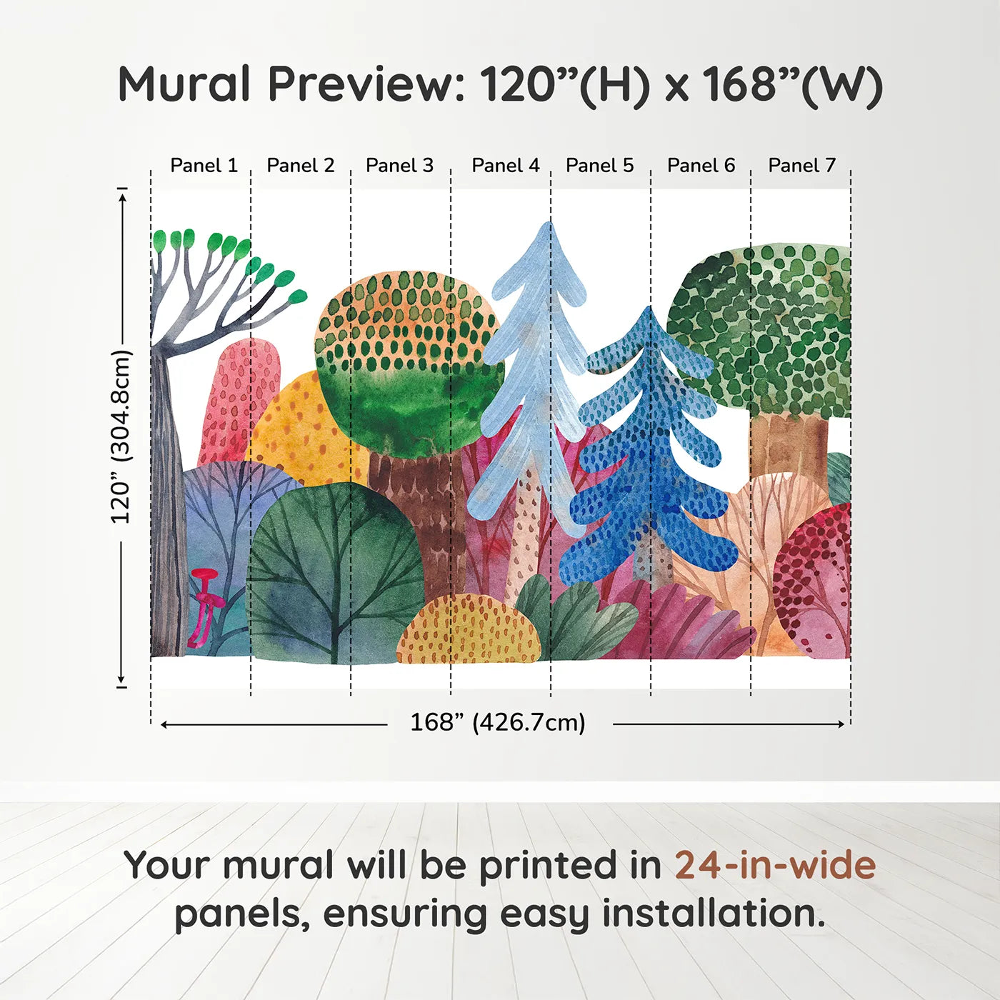 Whimsy Tots Abstract Watercolor Forest Wall Muraldimension view (120" H x 168" W). Printed in seven 24-inch-wide panels. Gender-Neutral