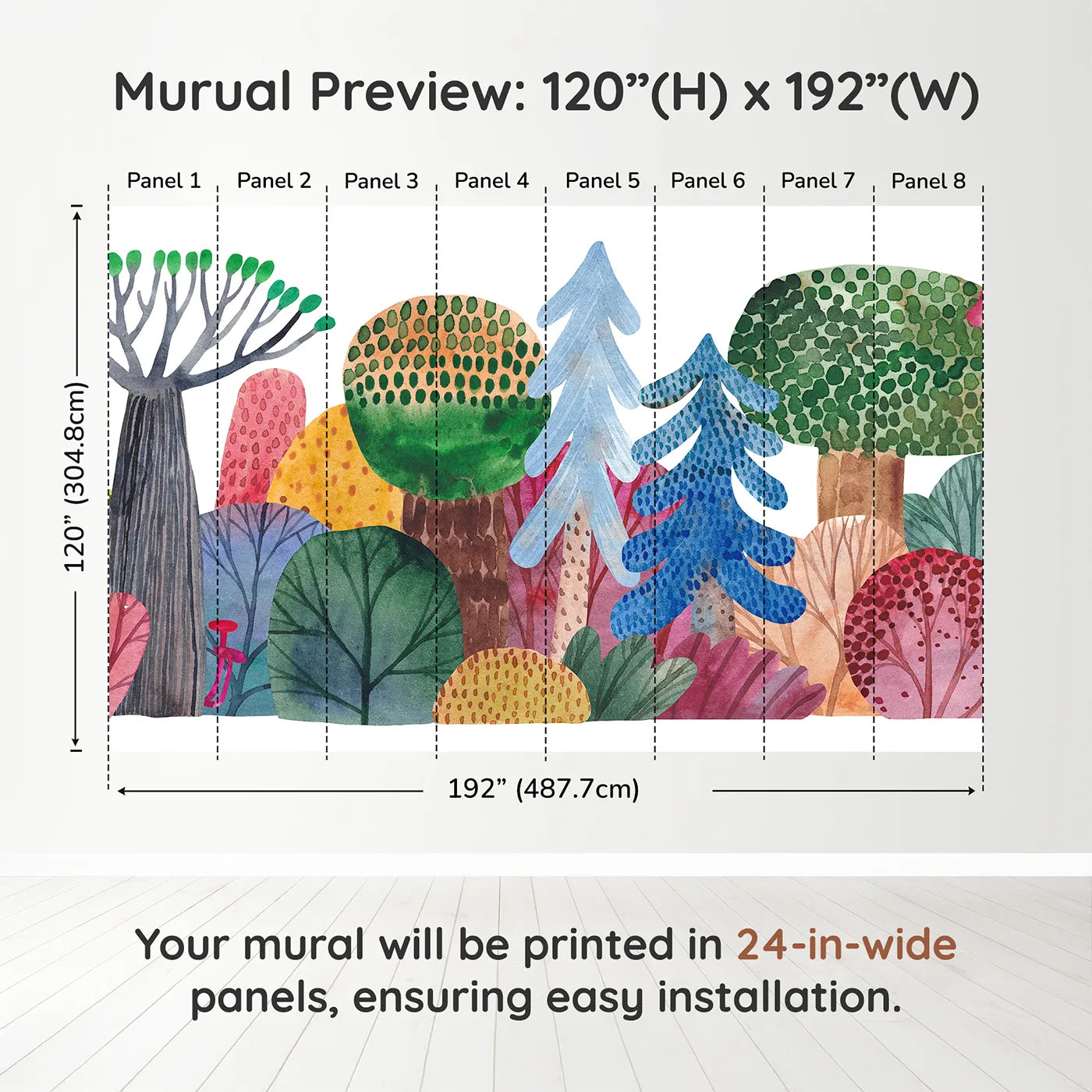 Whimsy Tots Abstract Watercolor Forest Wall Muraldimension view (120" H x 192" W). Printed in eight 24-inch-wide panels. Gender-Neutral