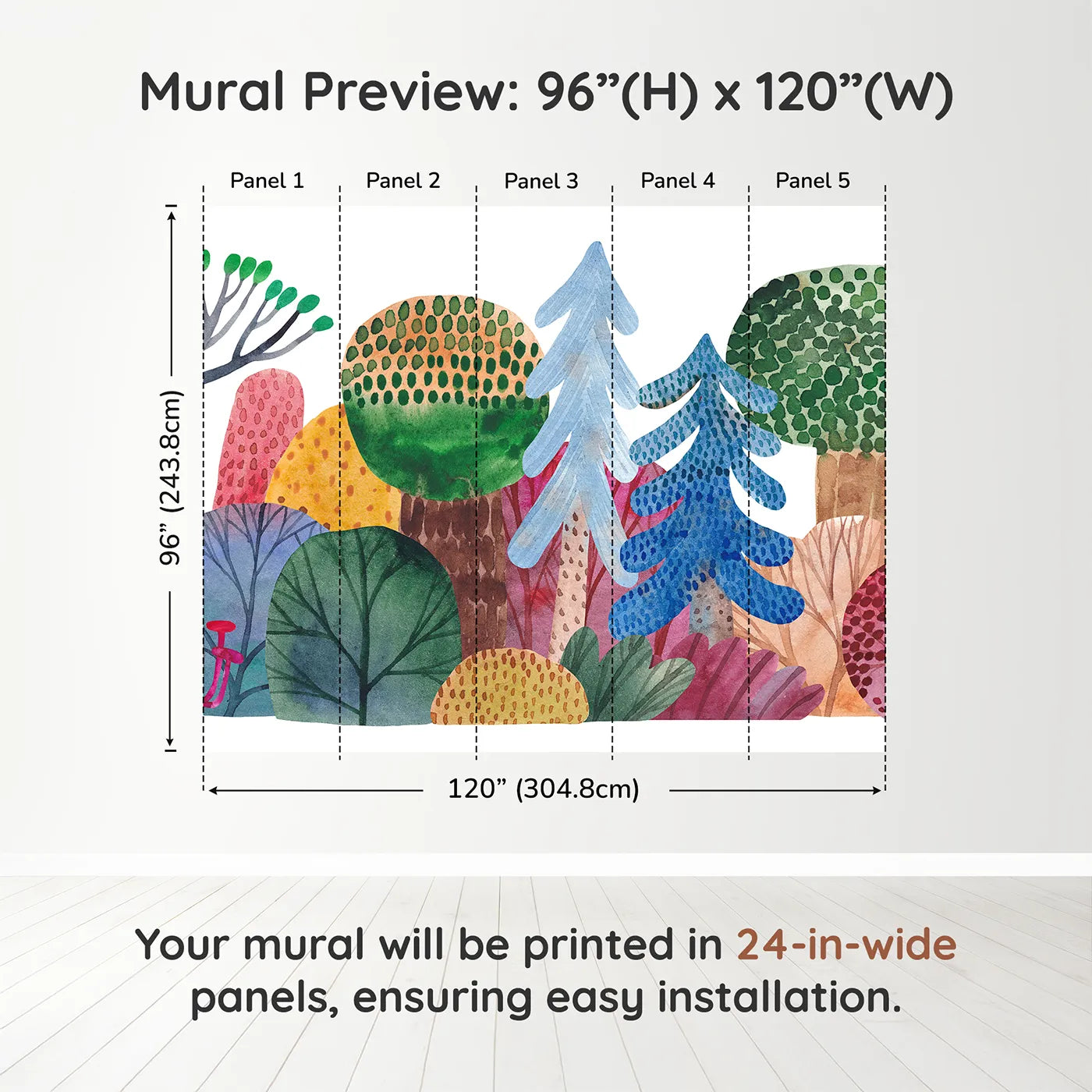 Whimsy Tots Abstract Watercolor Forest Wall Muraldimension view (96" H x 120" W). Printed in five 24-inch-wide panels. Gender-Neutral