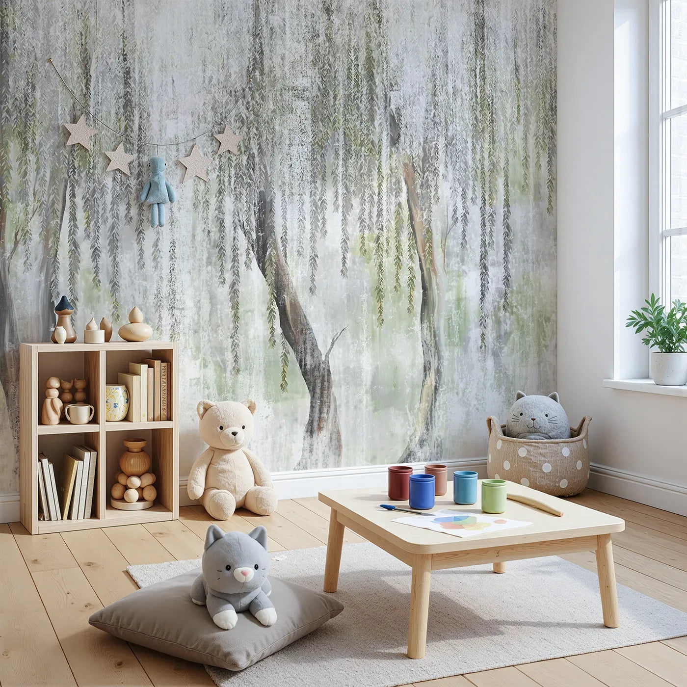 Angled view of Whimsy Tots' Misty Weeping Willow Wall Mural (Turn Their Room into a Dreamy, Ethereal Forest).Gender-Neutral