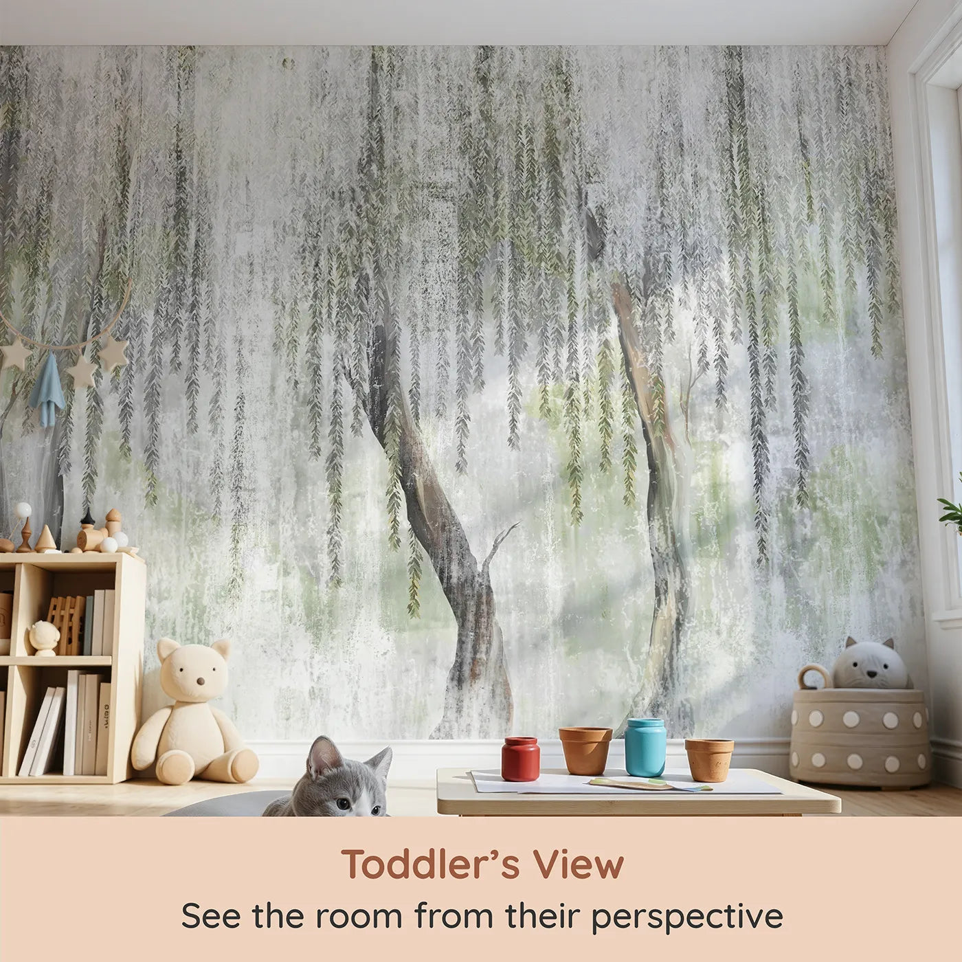 Whimsy Tots Misty Weeping Willow Wall Mural (Turn Their Room into a Dreamy, Ethereal Forest) from your child's view.Gender-Neutral