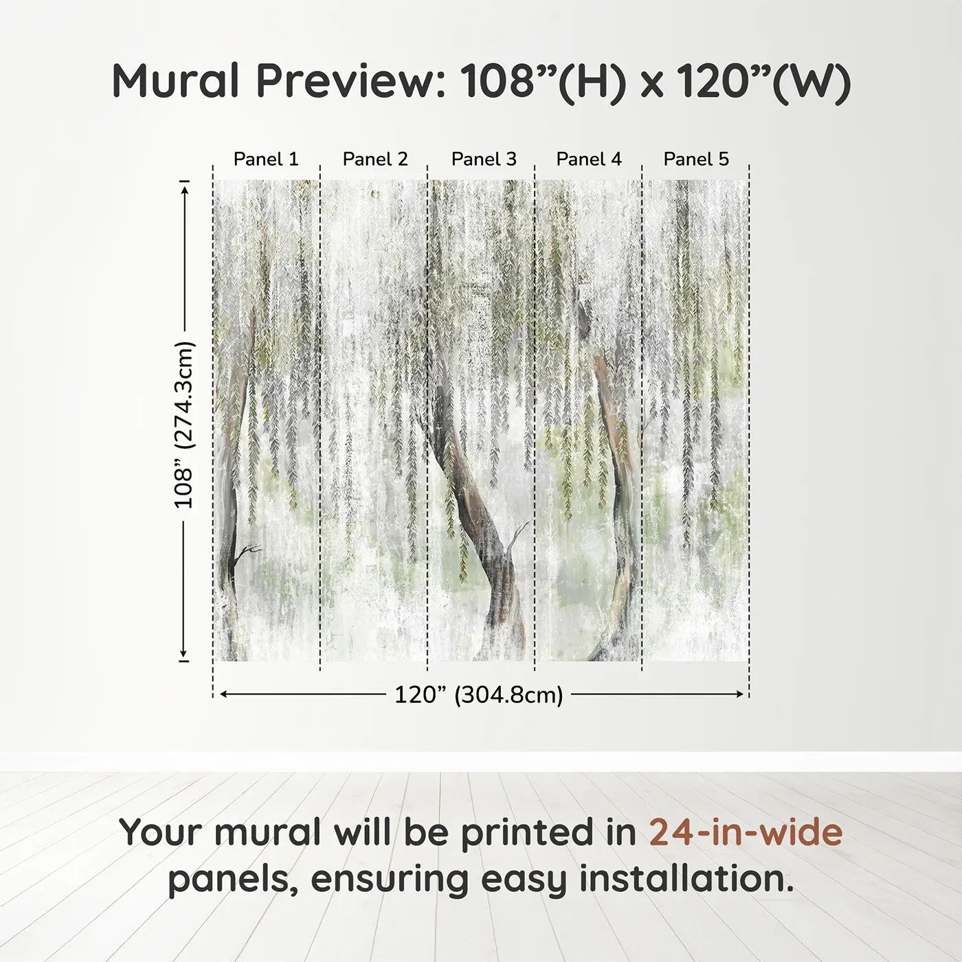 Whimsy Tots Misty Weeping Willow Wall Muraldimension view (108" H x 120" W). Printed in five 24-inch-wide panels. Gender-Neutral