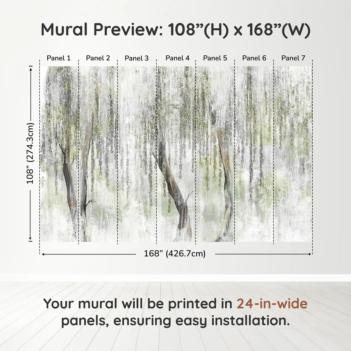 Whimsy Tots Misty Weeping Willow Wall Muraldimension view (108" H x 168" W). Printed in seven 24-inch-wide panels. Gender-Neutral