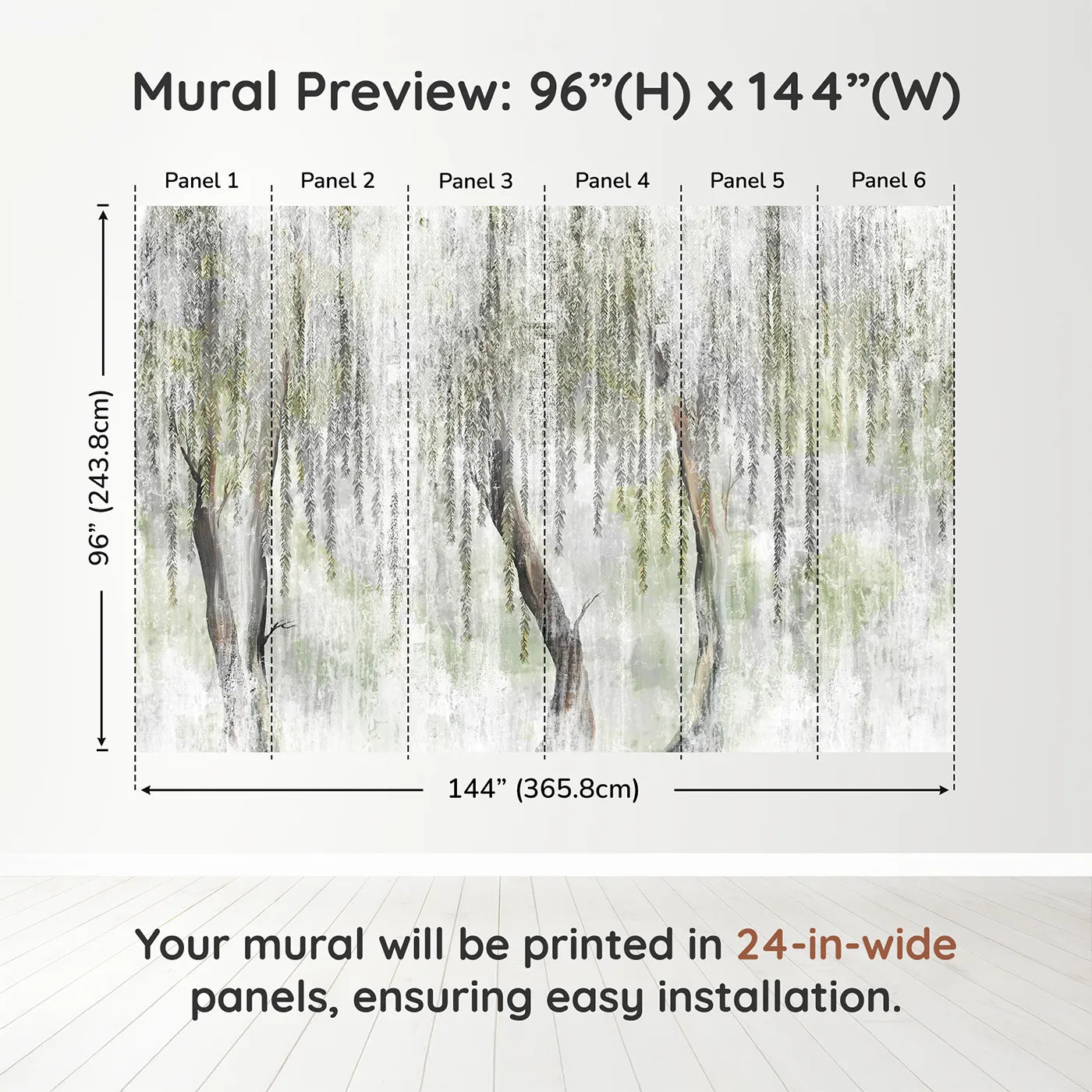 Whimsy Tots Misty Weeping Willow Wall Muraldimension view (96" H x 144" W). Printed in six 24-inch-wide panels. Gender-Neutral