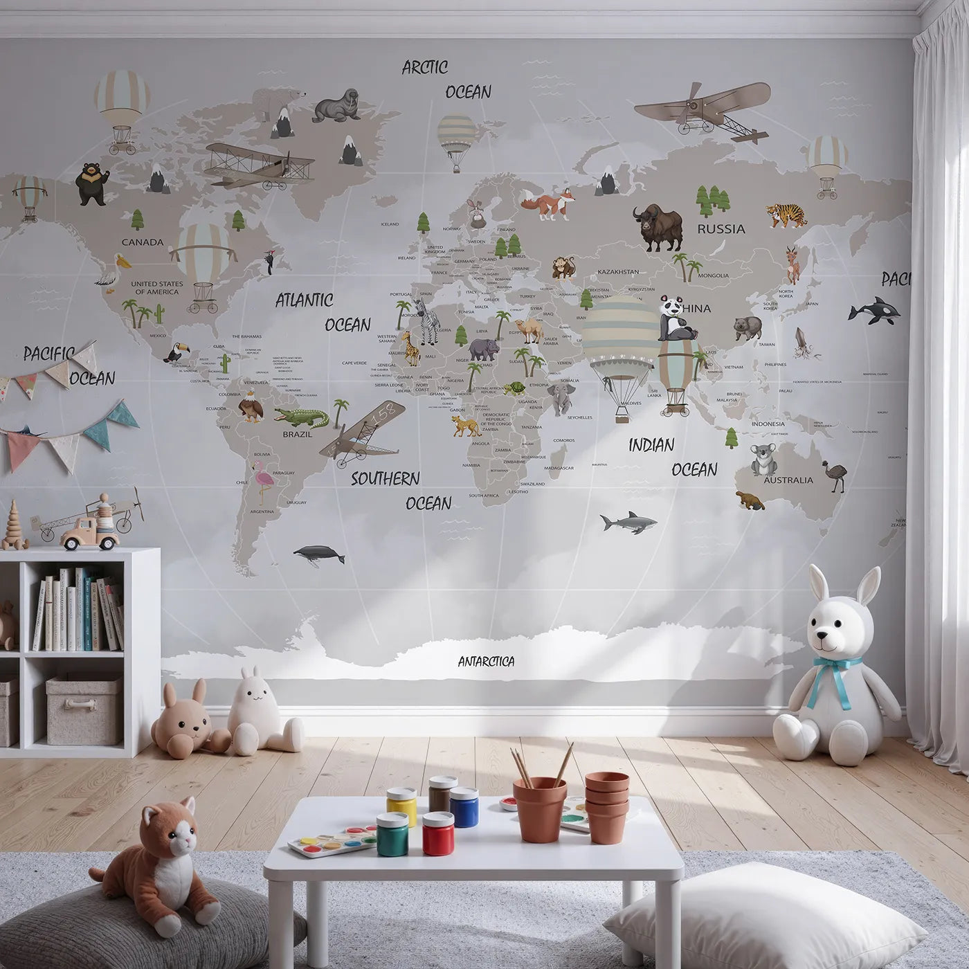 Front view of Whimsy Tots' Vintage Aviation World Map Wall Mural
