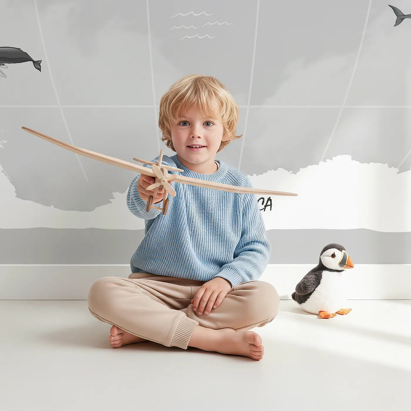 Child in front of Whimsy Tots Vintage Aviation World Map Wall Mural with map, world, animal, vintage, airplane, balloon, travel, adventure in design.