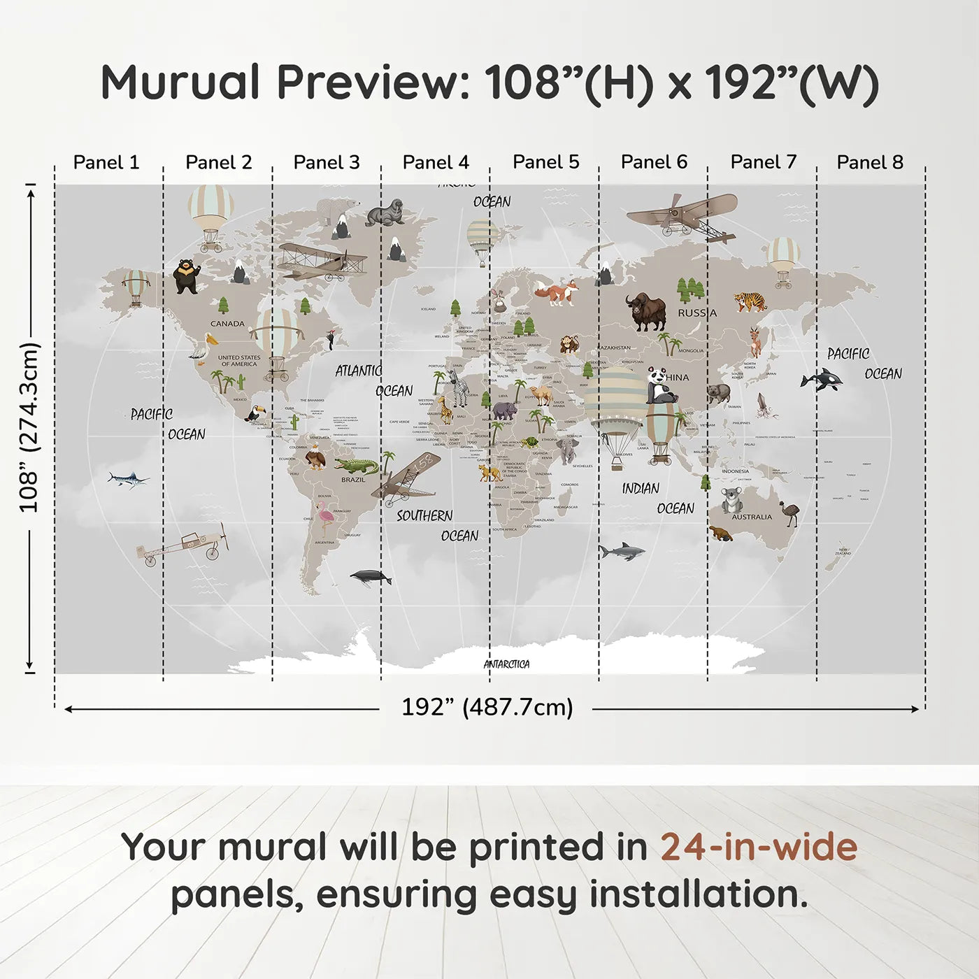 Whimsy Tots Vintage Aviation World Map Wall Muraldimension view (108" H x 192" W). Printed in eight 24-inch-wide panels. Gender-Neutral