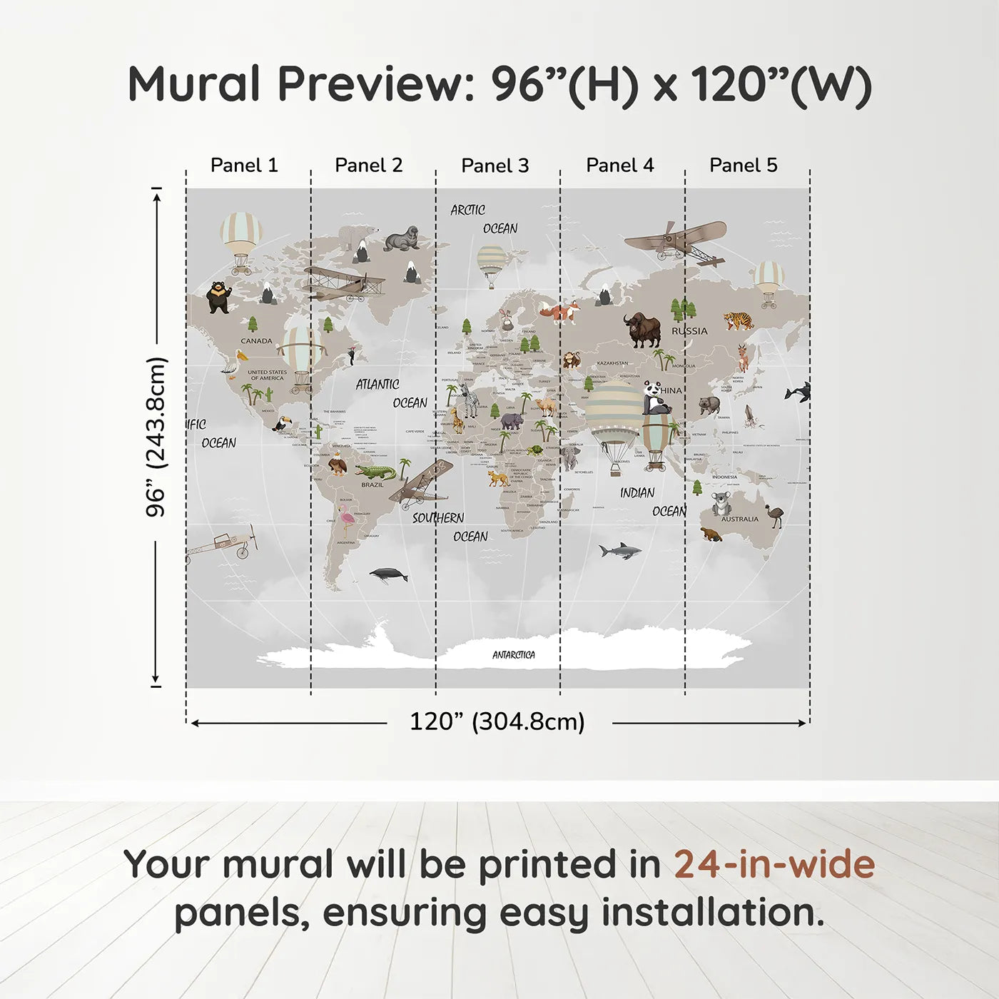 Whimsy Tots Vintage Aviation World Map Wall Muraldimension view (96" H x 120" W). Printed in five 24-inch-wide panels. Gender-Neutral