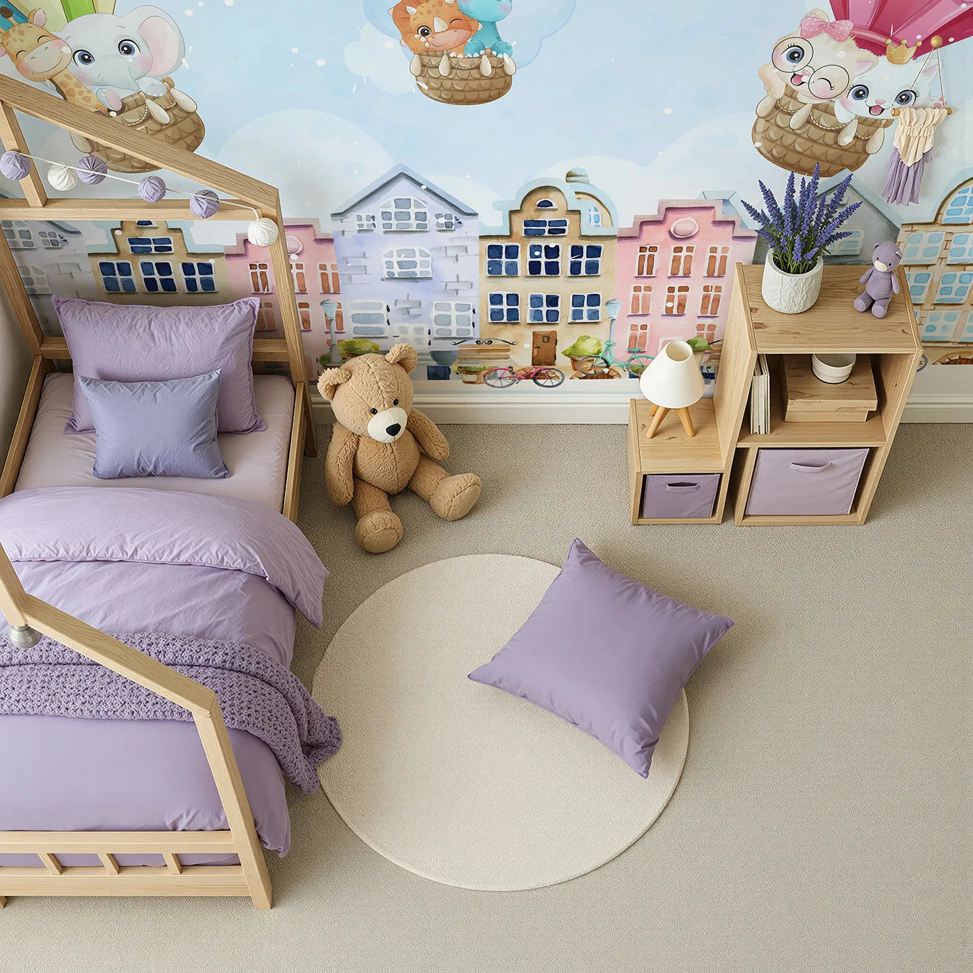 Top-down view of Whimsy Tots' Animal Balloon Ride Over Town Wall Mural (Turn Their Room into a Whimsical Rooftop Parade).Gender-Neutral
