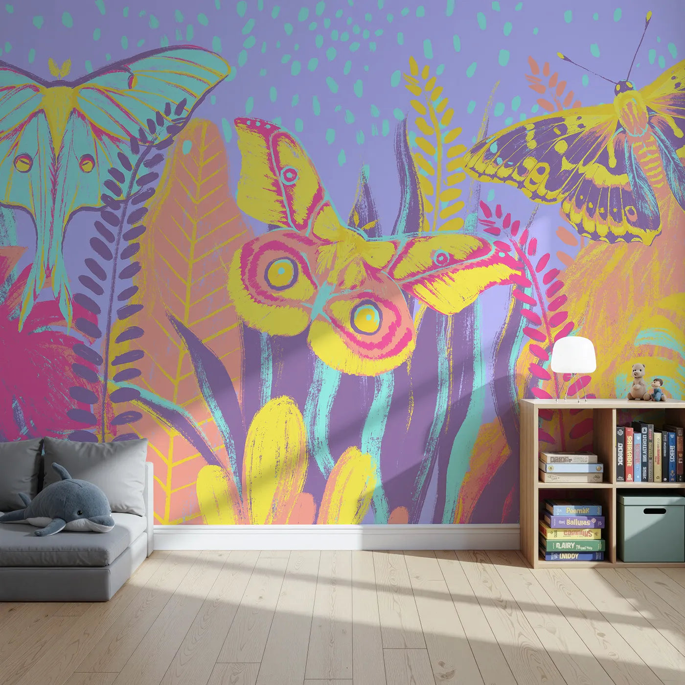Front view of Whimsy Tots' Psychedelic Moth Garden Wall Mural